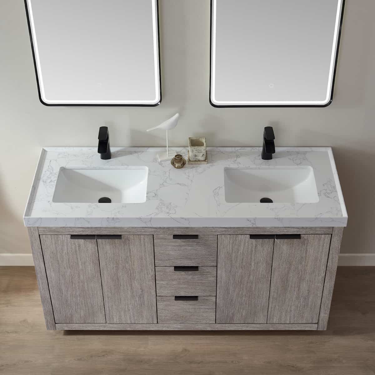 Vinnova Leiza 60 Inch Freestanding Double Vanity in Classical Grey with White Composite Grain Countertop With Mirror Sinks 701560-CR-GW