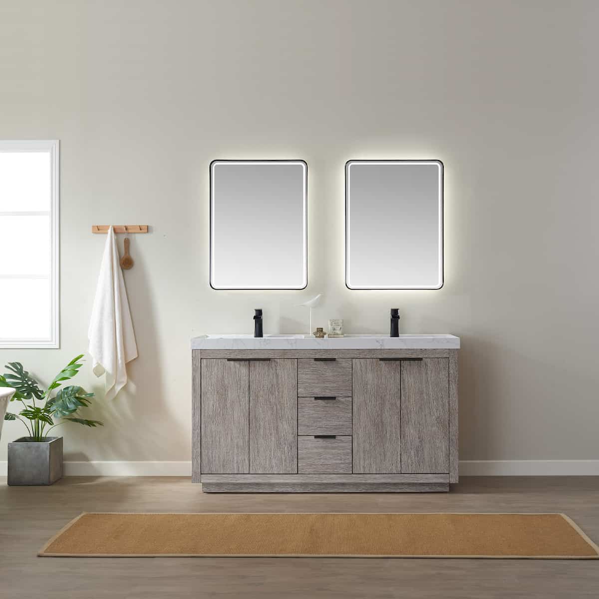 Vinnova Leiza 60 Inch Freestanding Double Vanity in Classical Grey with White Composite Grain Countertop With Mirror in Bathroom 701560-CR-GW
