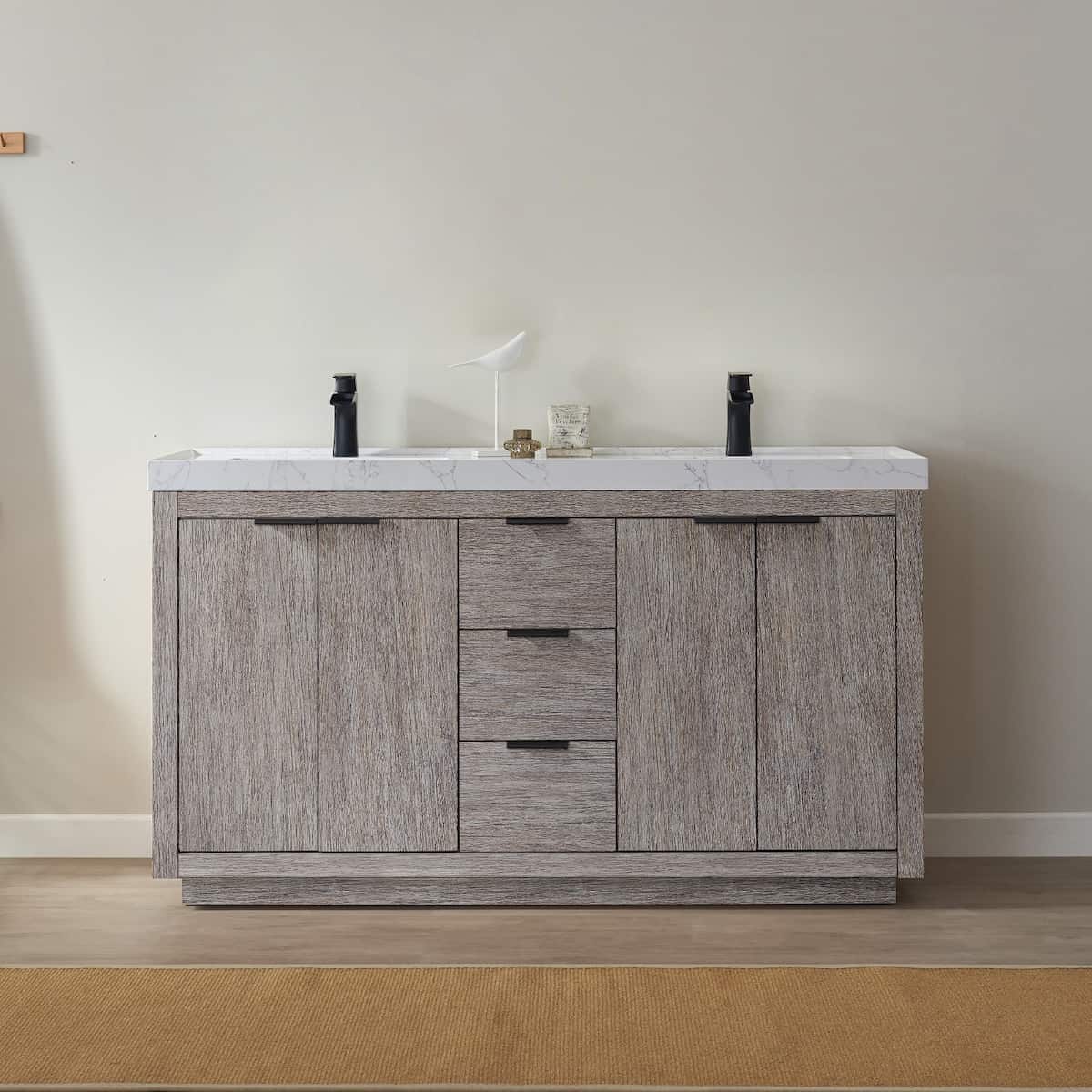 Vinnova Leiza 60 Inch Freestanding Double Vanity in Classical Grey with White Composite Grain Countertop Without Mirror in Bathroom 701560-CR-GW-NM