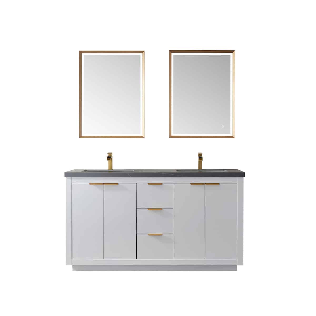 Vinnova Leiza 60 Inch Freestanding Double Vanity in White with Grey Sintered Stone Countertop With Mirror 701560-WH-ALB