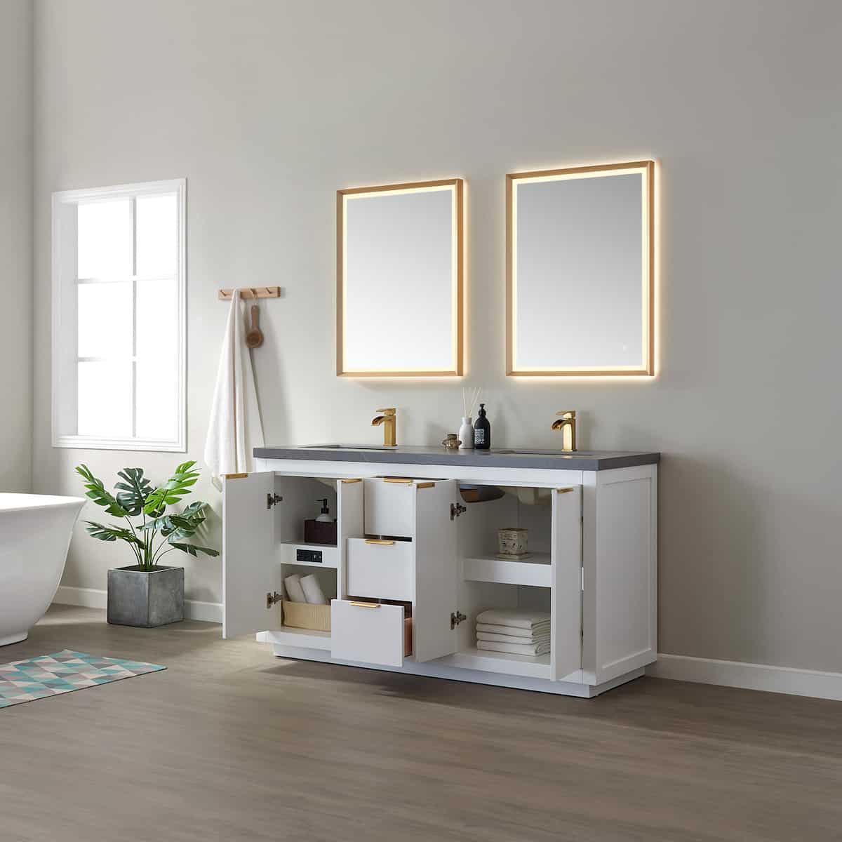 Vinnova Leiza 60 Inch Freestanding Double Vanity in White with Grey Sintered Stone Countertop With Mirror Inside 701560-WH-ALB