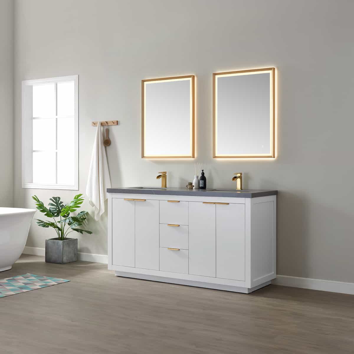Vinnova Leiza 60 Inch Freestanding Double Vanity in White with Grey Sintered Stone Countertop With Mirror Side 701560-WH-ALB