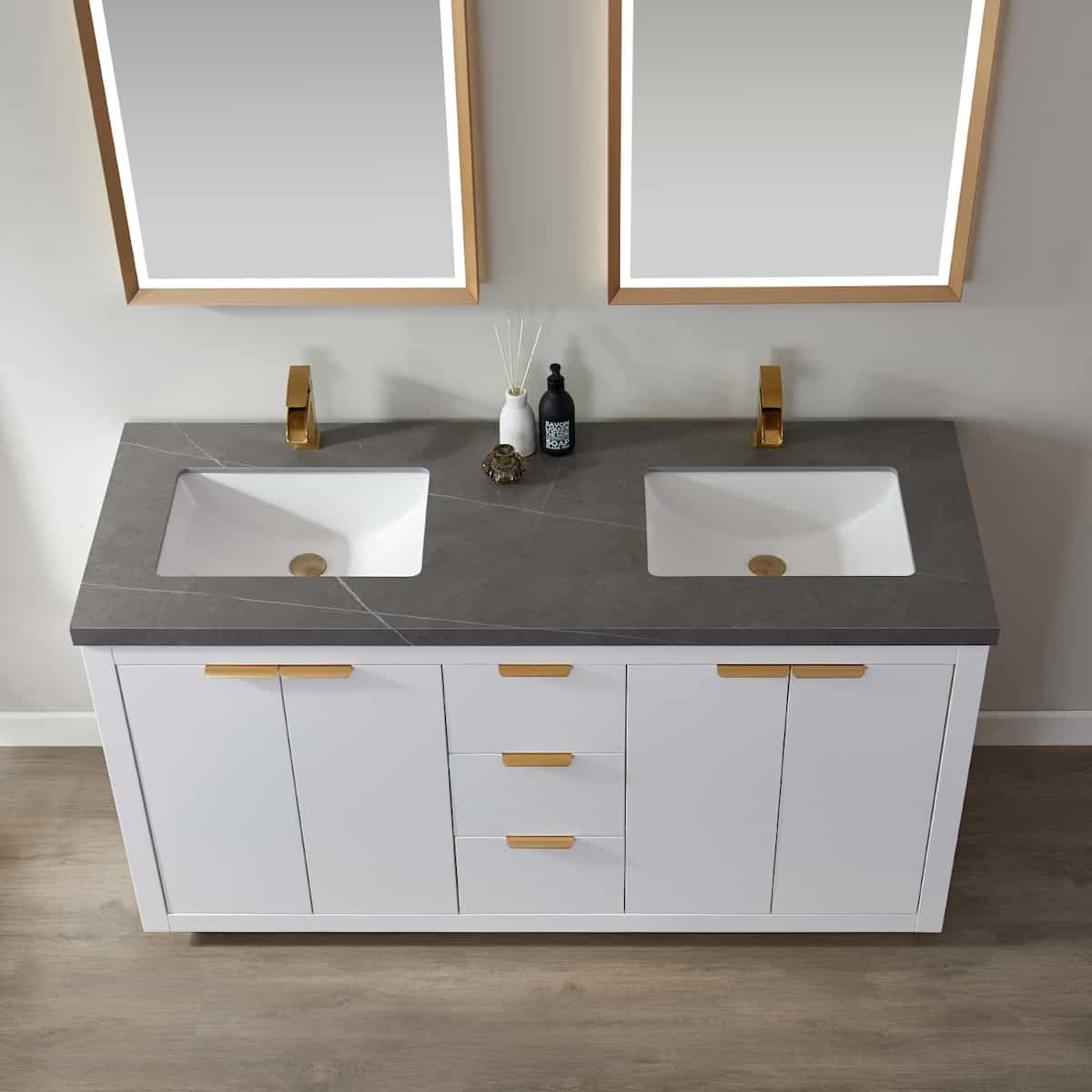 Vinnova Leiza 60 Inch Freestanding Double Vanity in White with Grey Sintered Stone Countertop With Mirror Sinks 701560-WH-ALB