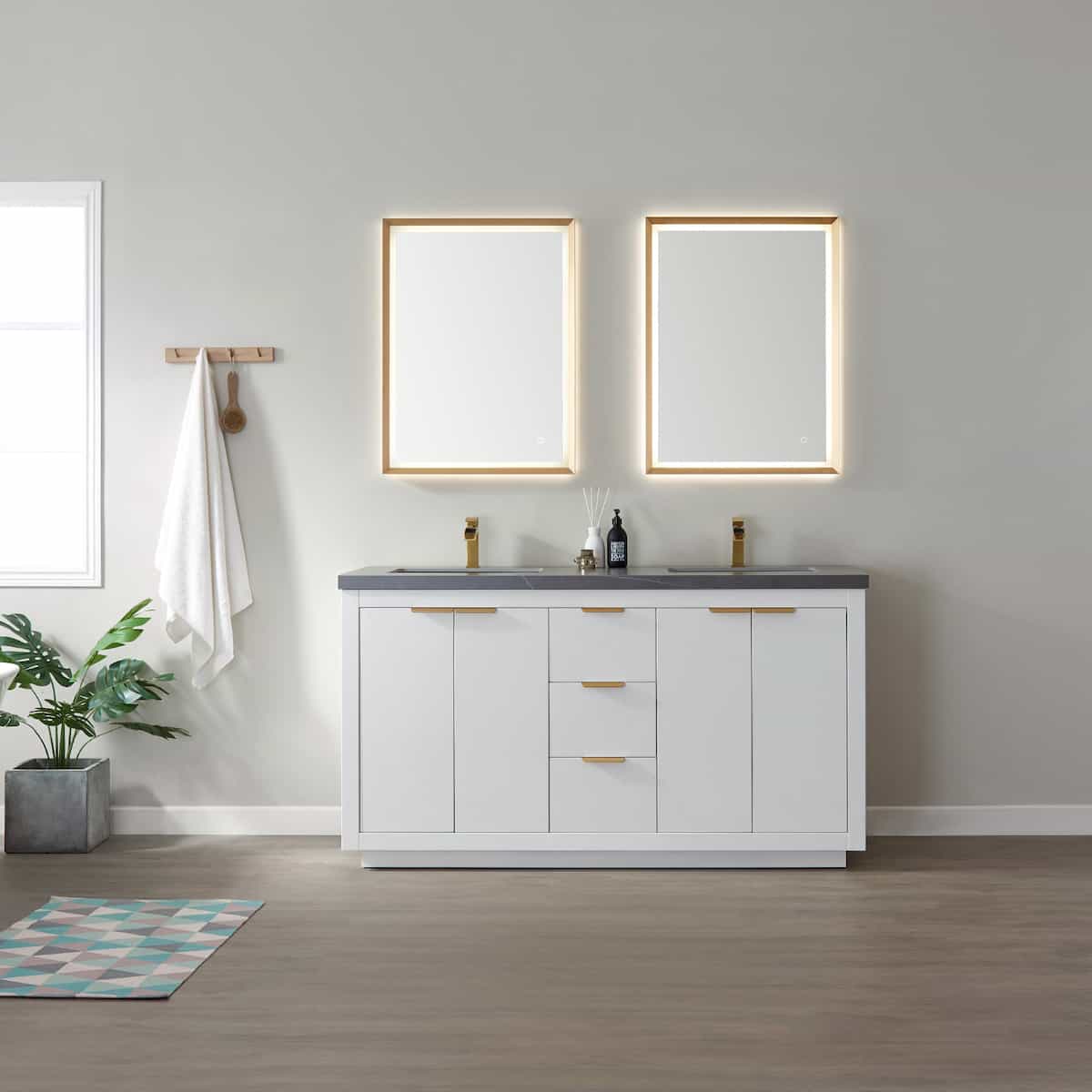 Vinnova Leiza 60 Inch Freestanding Double Vanity in White with Grey Sintered Stone Countertop With Mirror in Bathroom 701560-WH-ALB