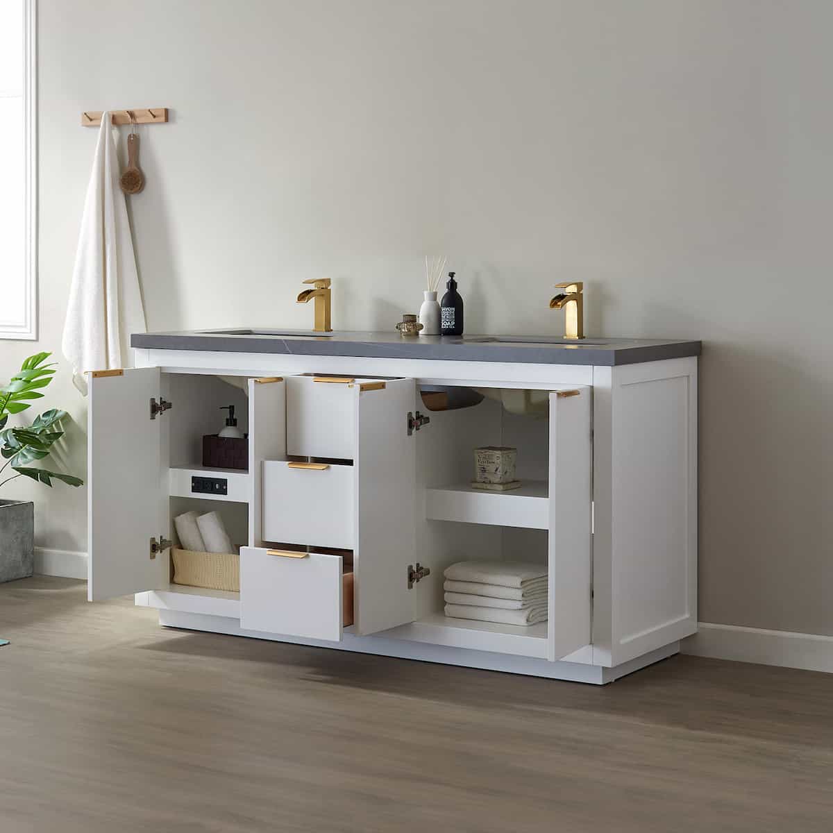 Vinnova Leiza 60 Inch Freestanding Double Vanity in White with Grey Sintered Stone Countertop Without Mirror Inside 701560-WH-ALB-NM