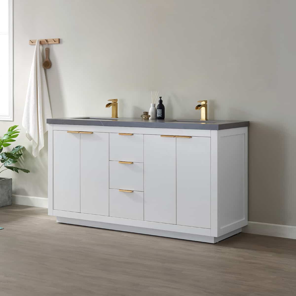 Vinnova Leiza 60 Inch Freestanding Double Vanity in White with Grey Sintered Stone Countertop Without Mirror Side 701560-WH-ALB-NM