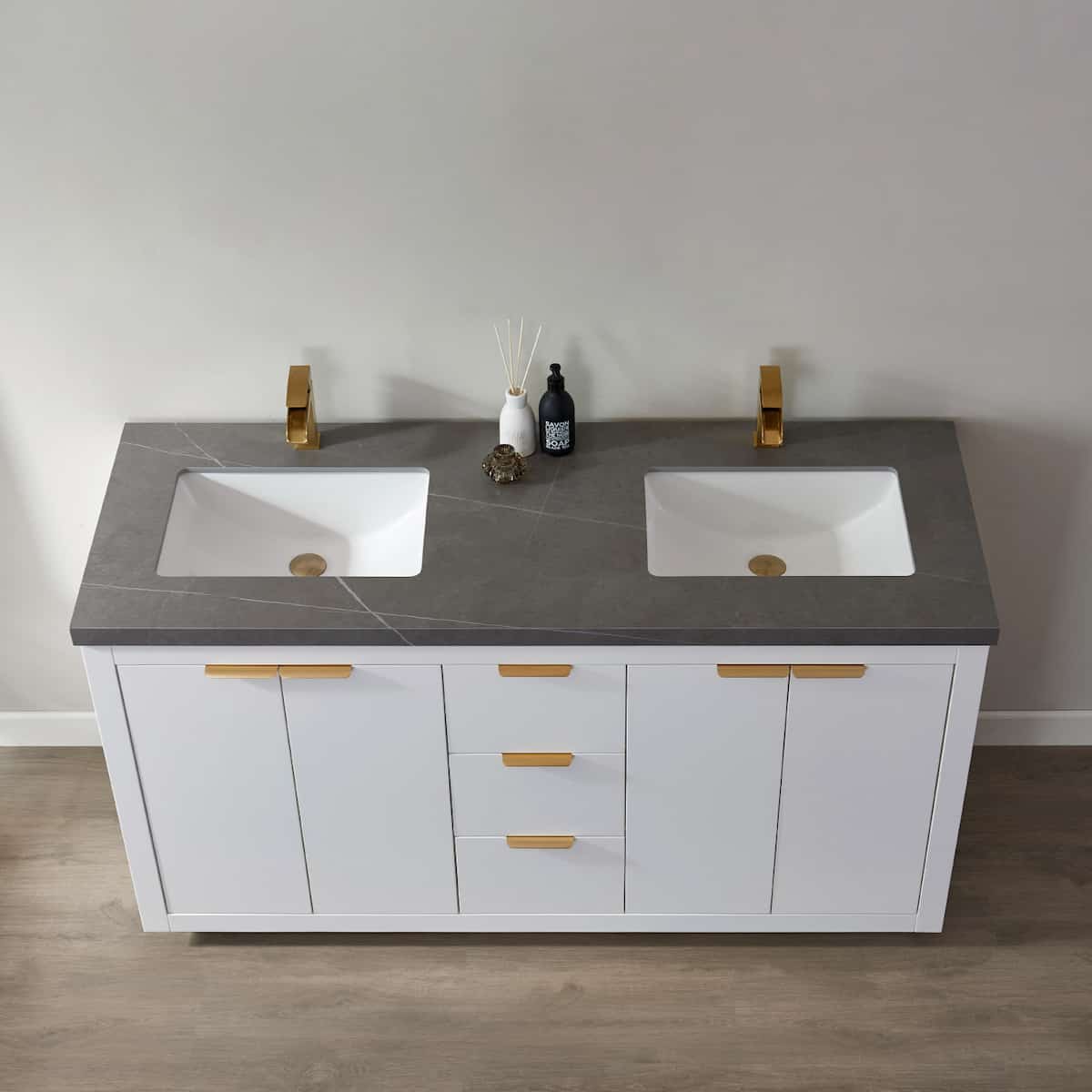 Vinnova Leiza 60 Inch Freestanding Double Vanity in White with Grey Sintered Stone Countertop Without Mirror Sinks 701560-WH-ALB-NM