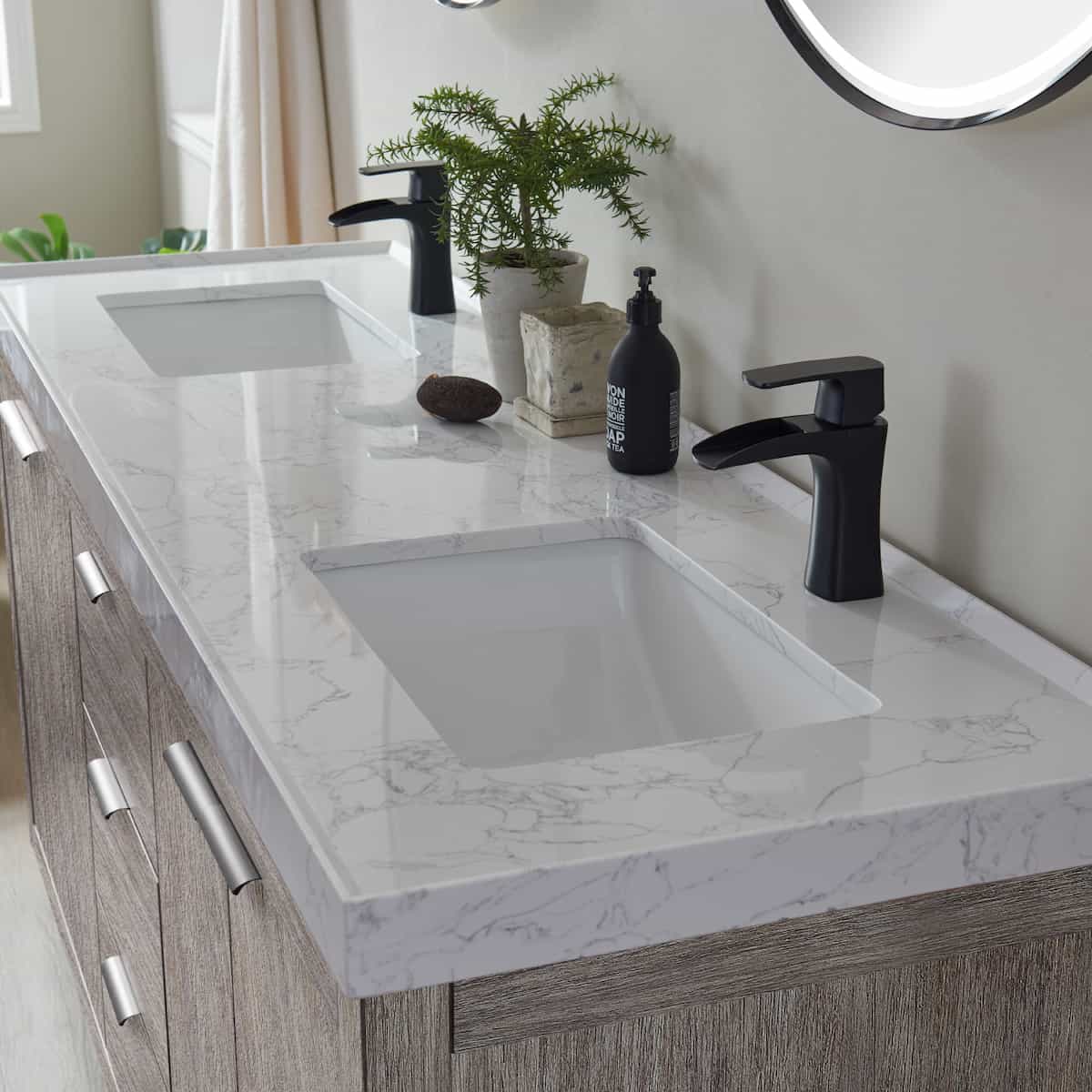 Vinnova Leiza 72 Inch Freestanding Double Vanity in Classical Grey with White Composite Grain Countertop With Mirrors Counter Top 701572-CR-GW