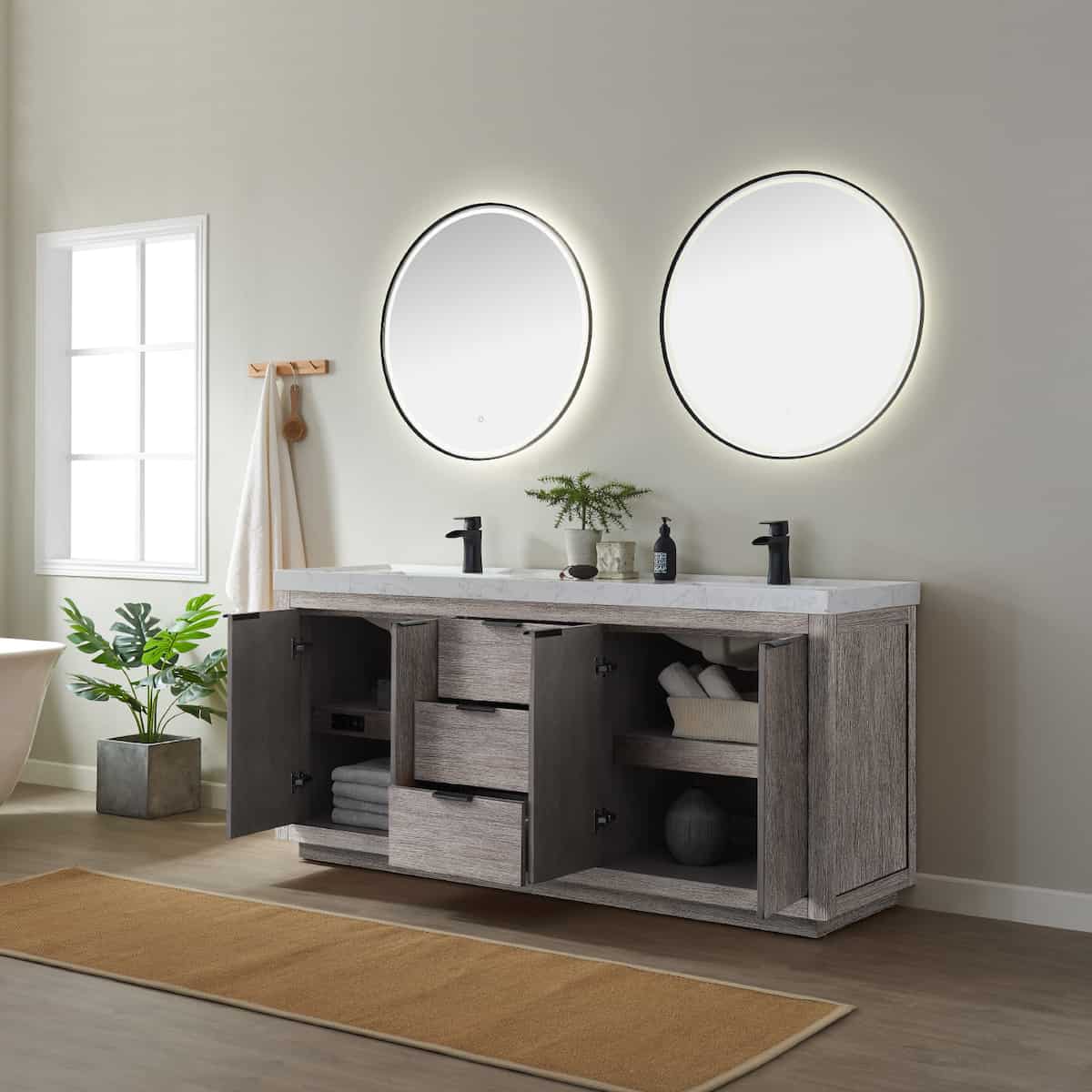 Vinnova Leiza 72 Inch Freestanding Double Vanity in Classical Grey with White Composite Grain Countertop With Mirrors Inside 701572-CR-GW