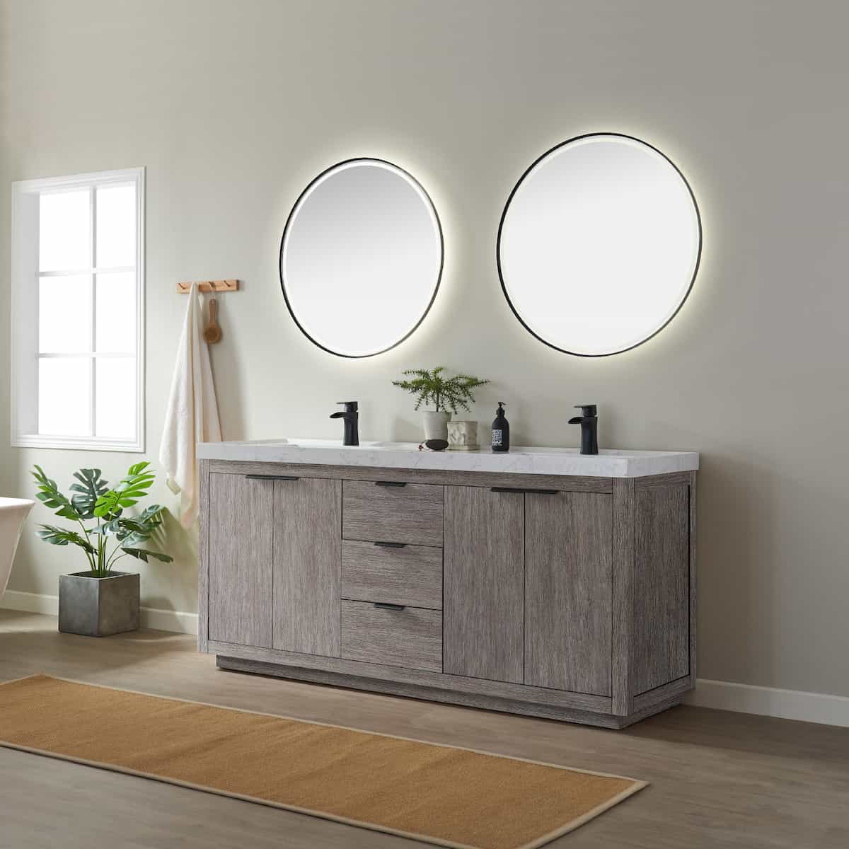Vinnova Leiza 72 Inch Freestanding Double Vanity in Classical Grey with White Composite Grain Countertop With Mirrors Side 701572-CR-GW