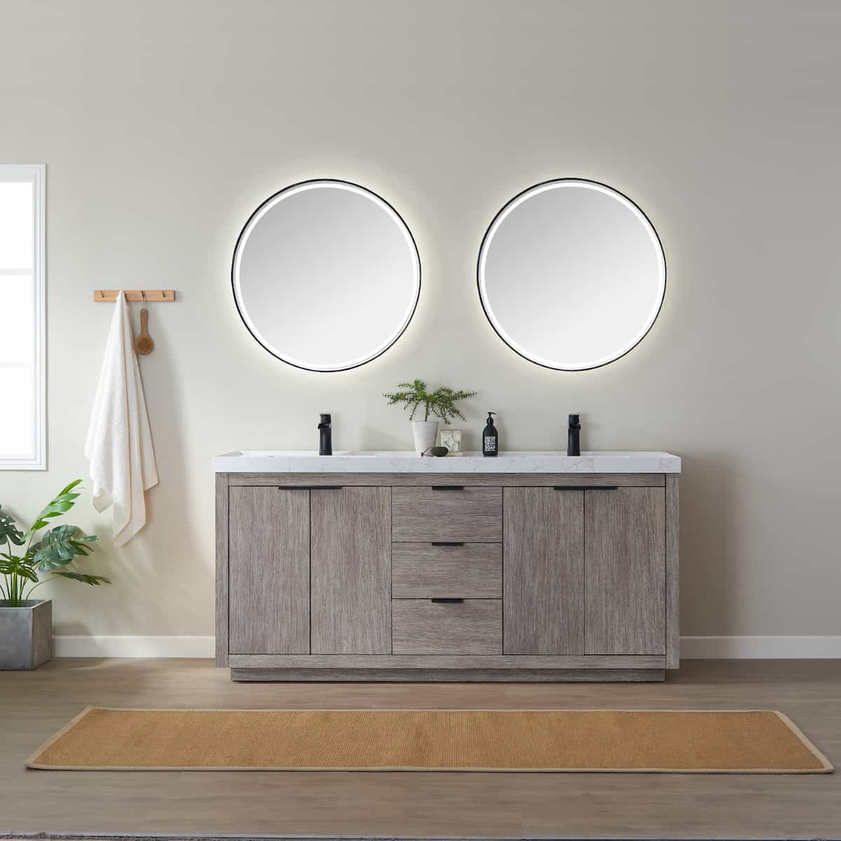 Vinnova Leiza 72 Inch Freestanding Double Vanity in Classical Grey with White Composite Grain Countertop With Mirrors in Bathroom 701572-CR-GW