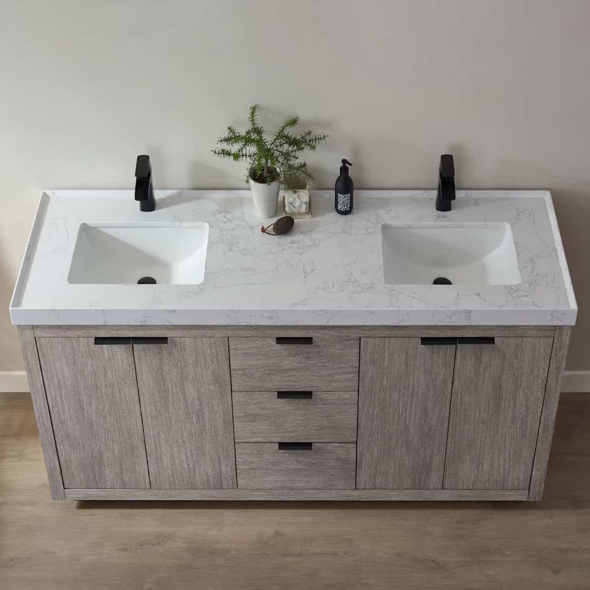 Vinnova Leiza 72 Inch Freestanding Double Vanity in Classical Grey with White Composite Grain Countertop Without Mirror Sinks 701572-CR-GW-NM