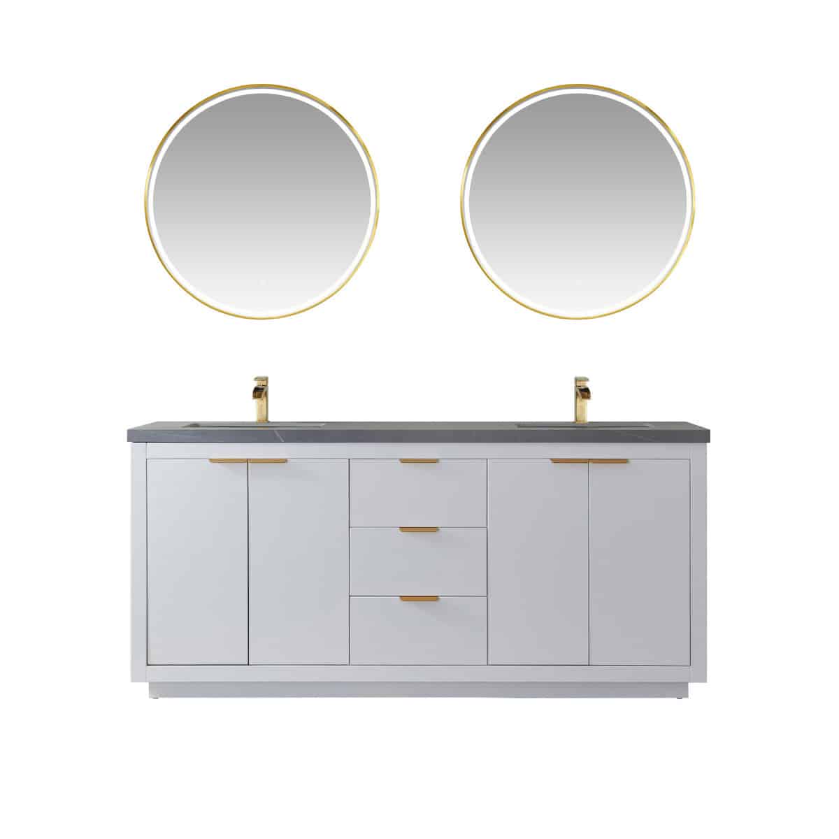 Vinnova Leiza 72 Inch Freestanding Double Vanity in White with Grey Sintered Stone Countertop With Mirror 701572-WH-ALB