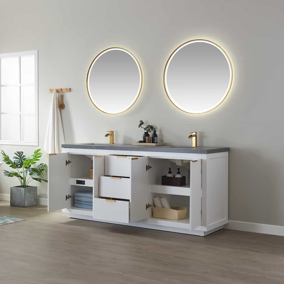 Vinnova Leiza 72 Inch Freestanding Double Vanity in White with Grey Sintered Stone Countertop With Mirror Inside 701572-WH-ALB