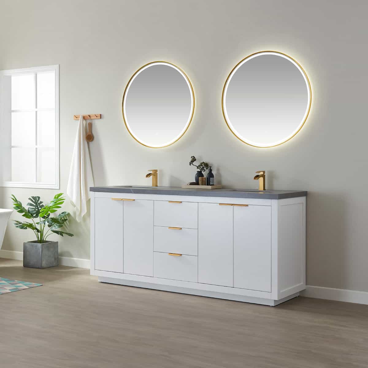 Vinnova Leiza 72 Inch Freestanding Double Vanity in White with Grey Sintered Stone Countertop With Mirror Side 701572-WH-ALB