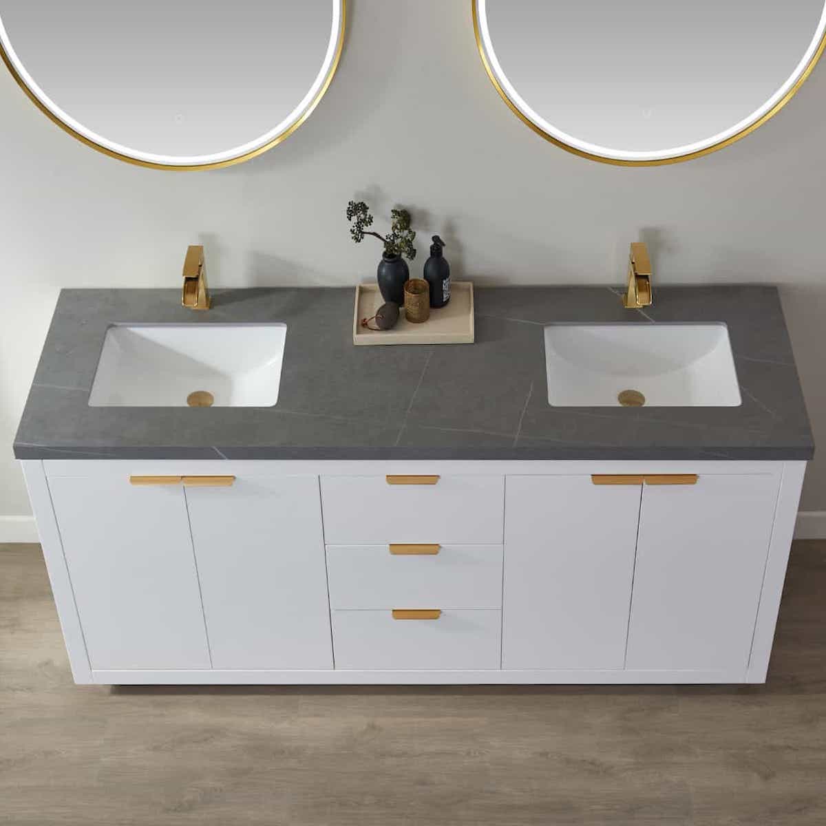 Vinnova Leiza 72 Inch Freestanding Double Vanity in White with Grey Sintered Stone Countertop With Mirror Sinks 701572-WH-ALB