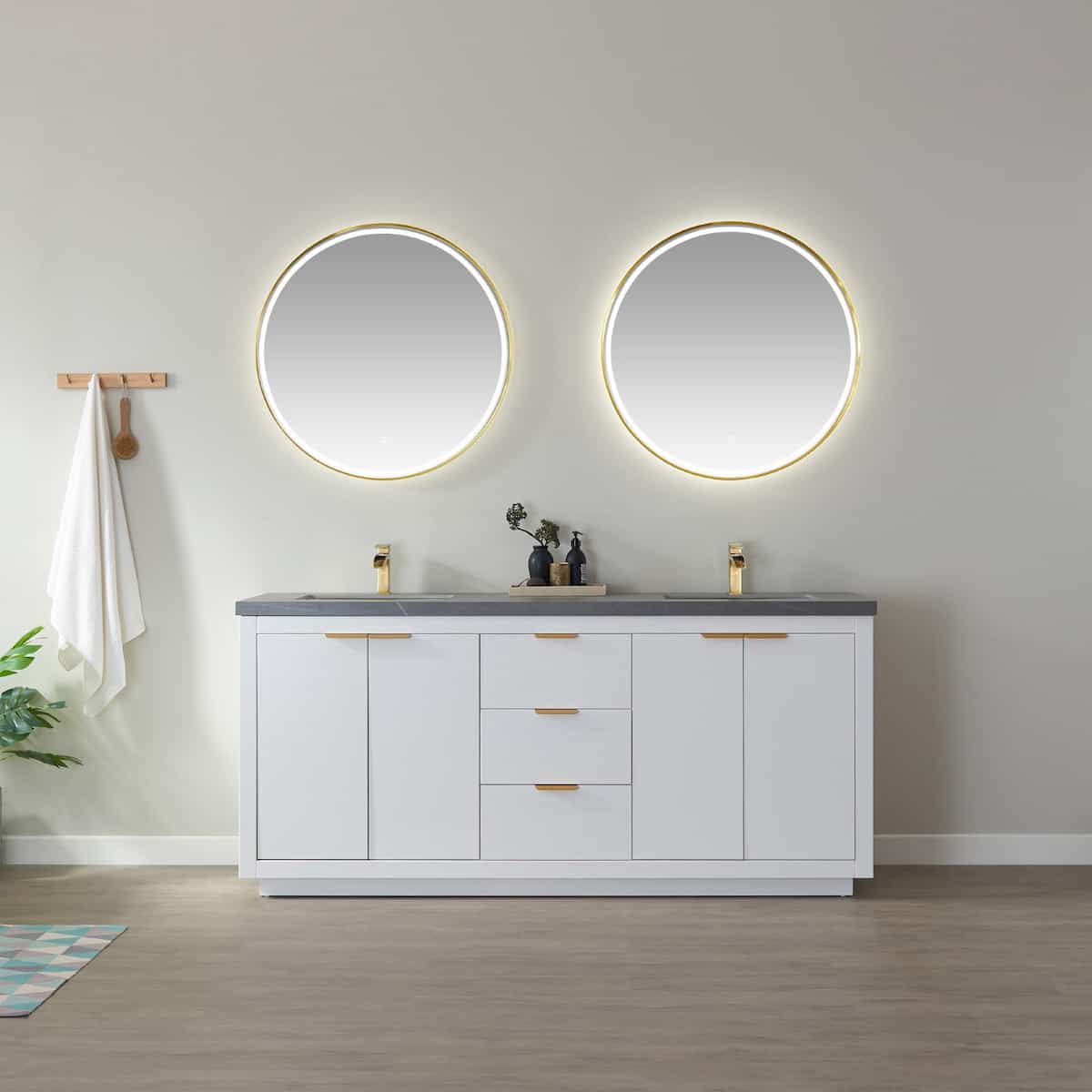 Vinnova Leiza 72 Inch Freestanding Double Vanity in White with Grey Sintered Stone Countertop With Mirror in Bathroom 701572-WH-ALB