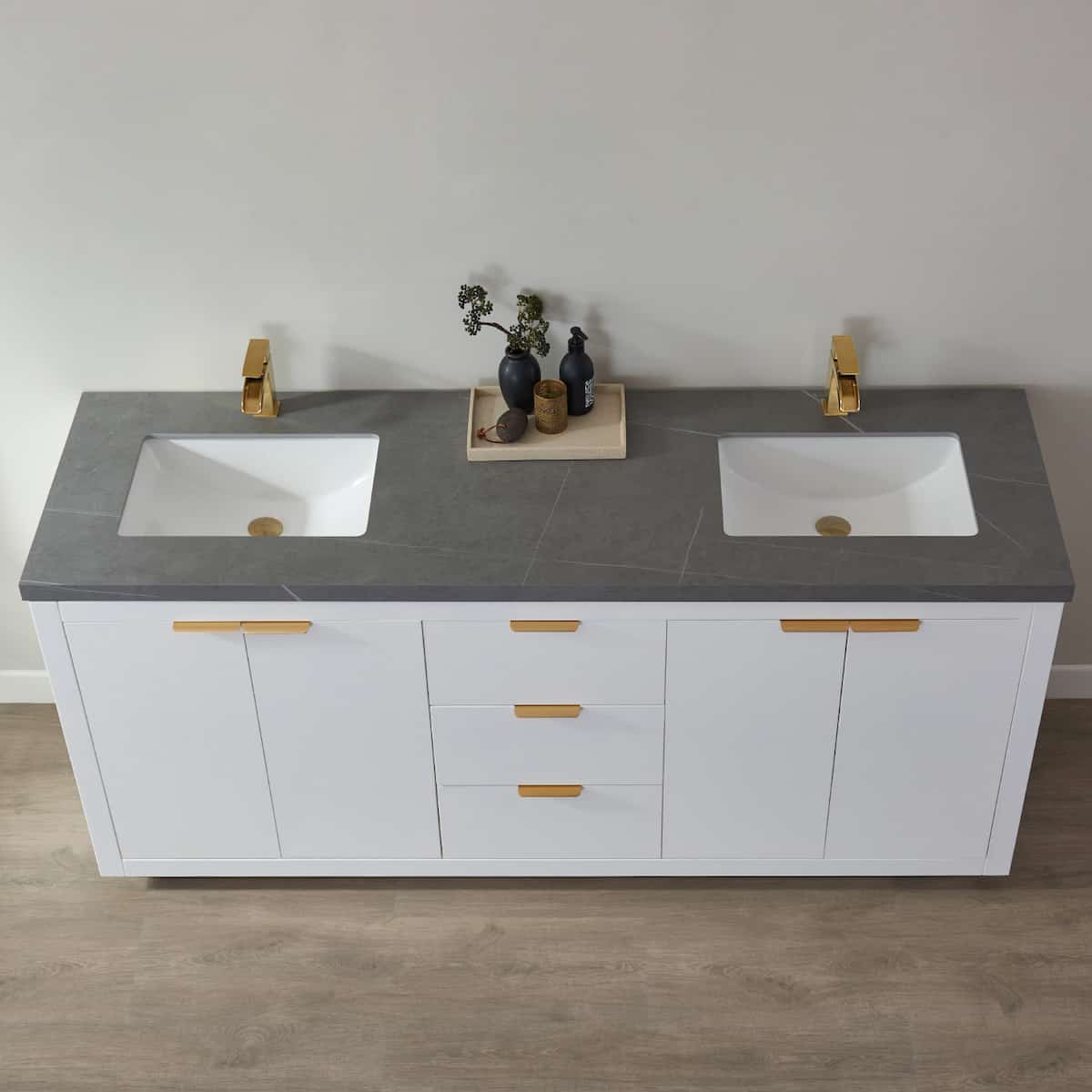 Vinnova Leiza 72 Inch Freestanding Double Vanity in White with Grey Sintered Stone Countertop Without Mirror Sinks 701572-WH-ALB-NM