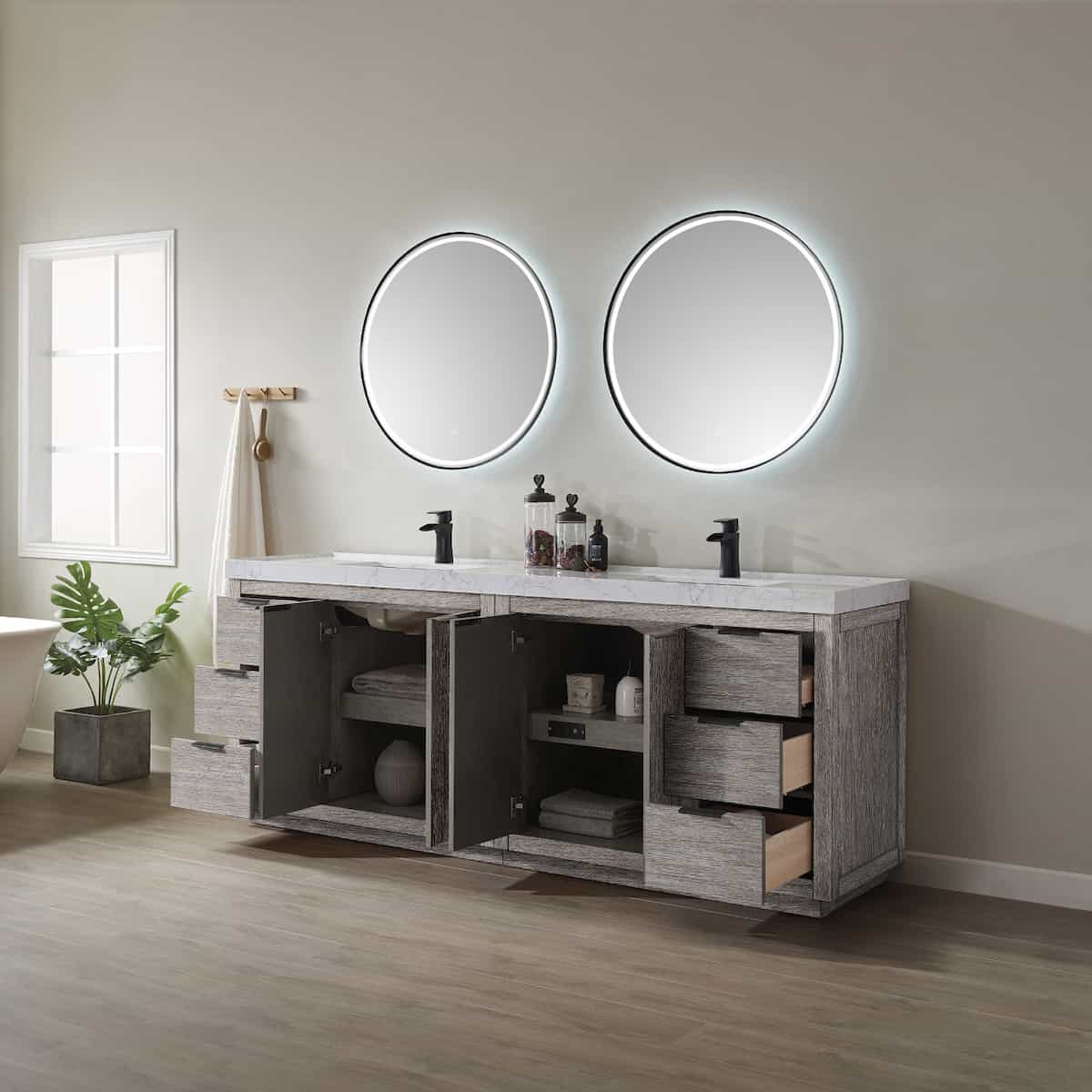 Vinnova Leiza 84 Inch Freestanding Double Vanity in Classical Grey with White Composite Grain Countertop With Mirrors Inside 701584-CR-GW