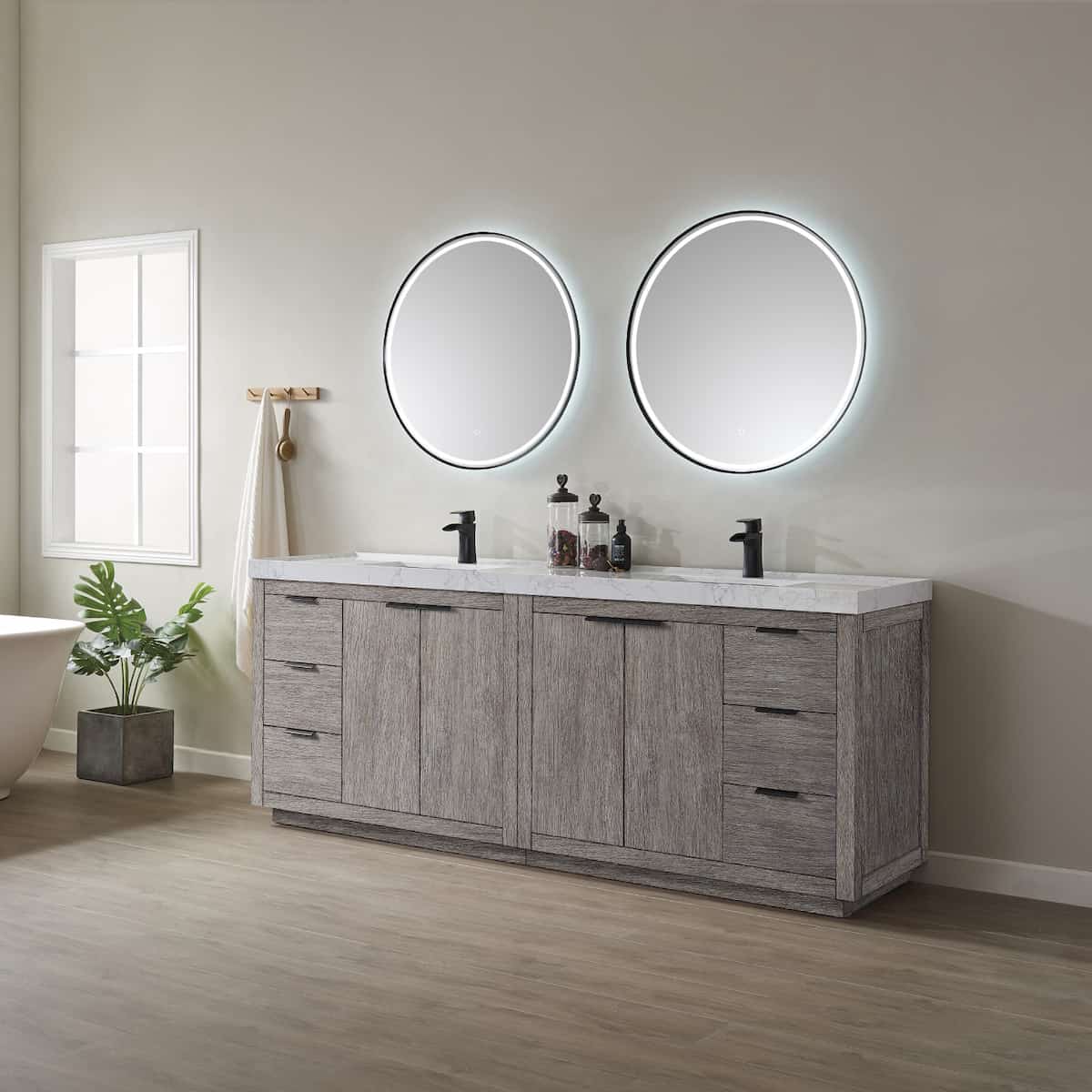 Vinnova Leiza 84 Inch Freestanding Double Vanity in Classical Grey with White Composite Grain Countertop With Mirrors Side 701584-CR-GW