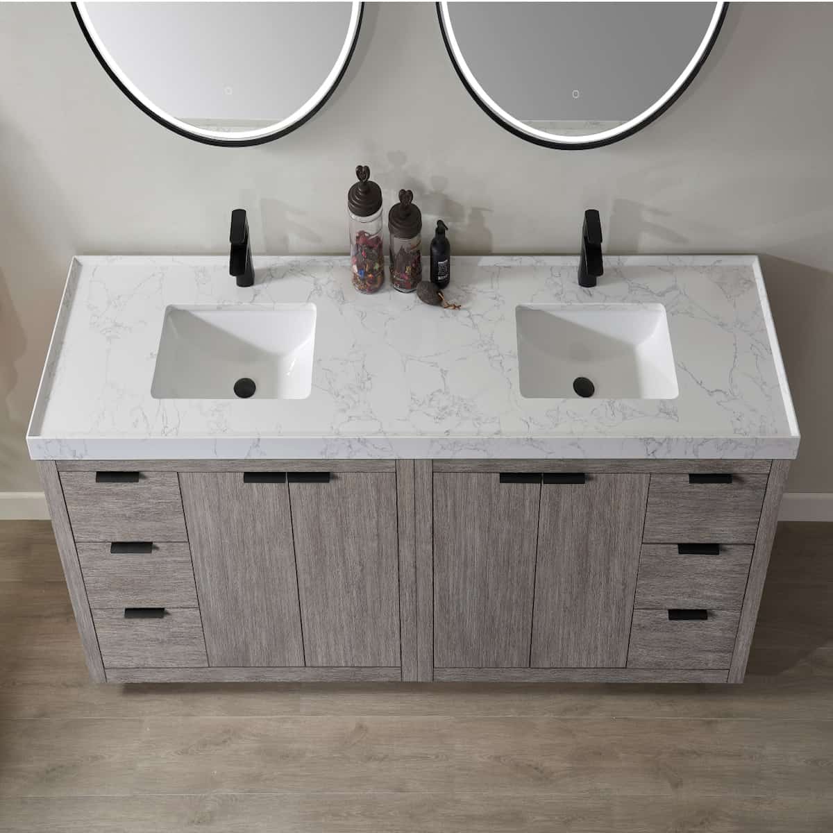 Vinnova Leiza 84 Inch Freestanding Double Vanity in Classical Grey with White Composite Grain Countertop With Mirrors Sinks 701584-CR-GW