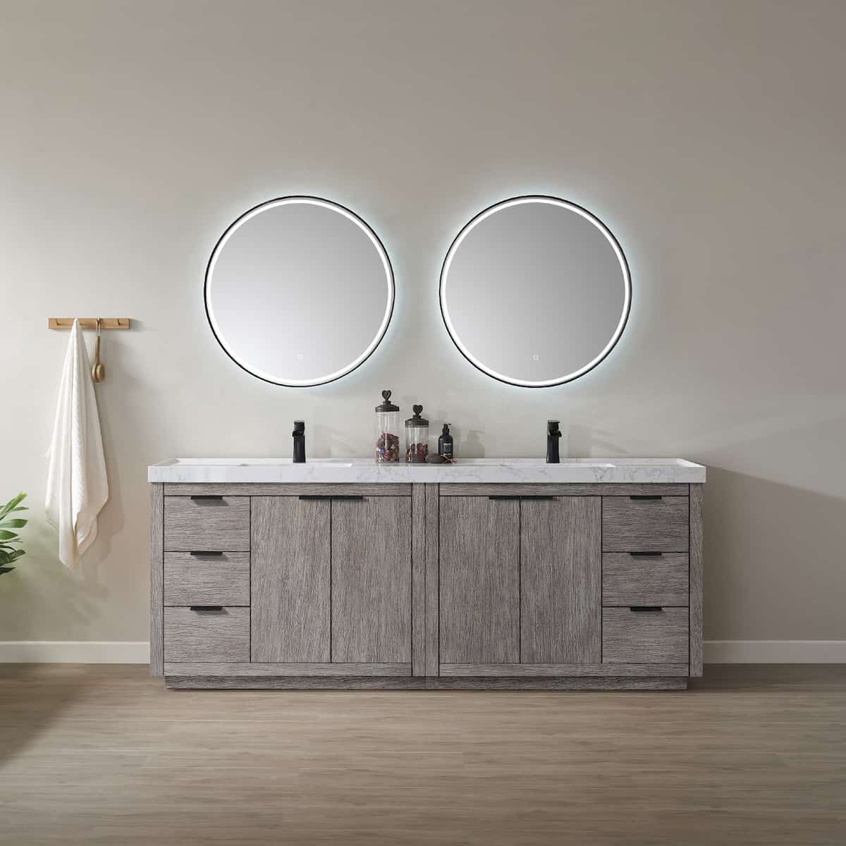 Vinnova Leiza 84 Inch Freestanding Double Vanity in Classical Grey with White Composite Grain Countertop With Mirrors in Bathroom 701584-CR-GW