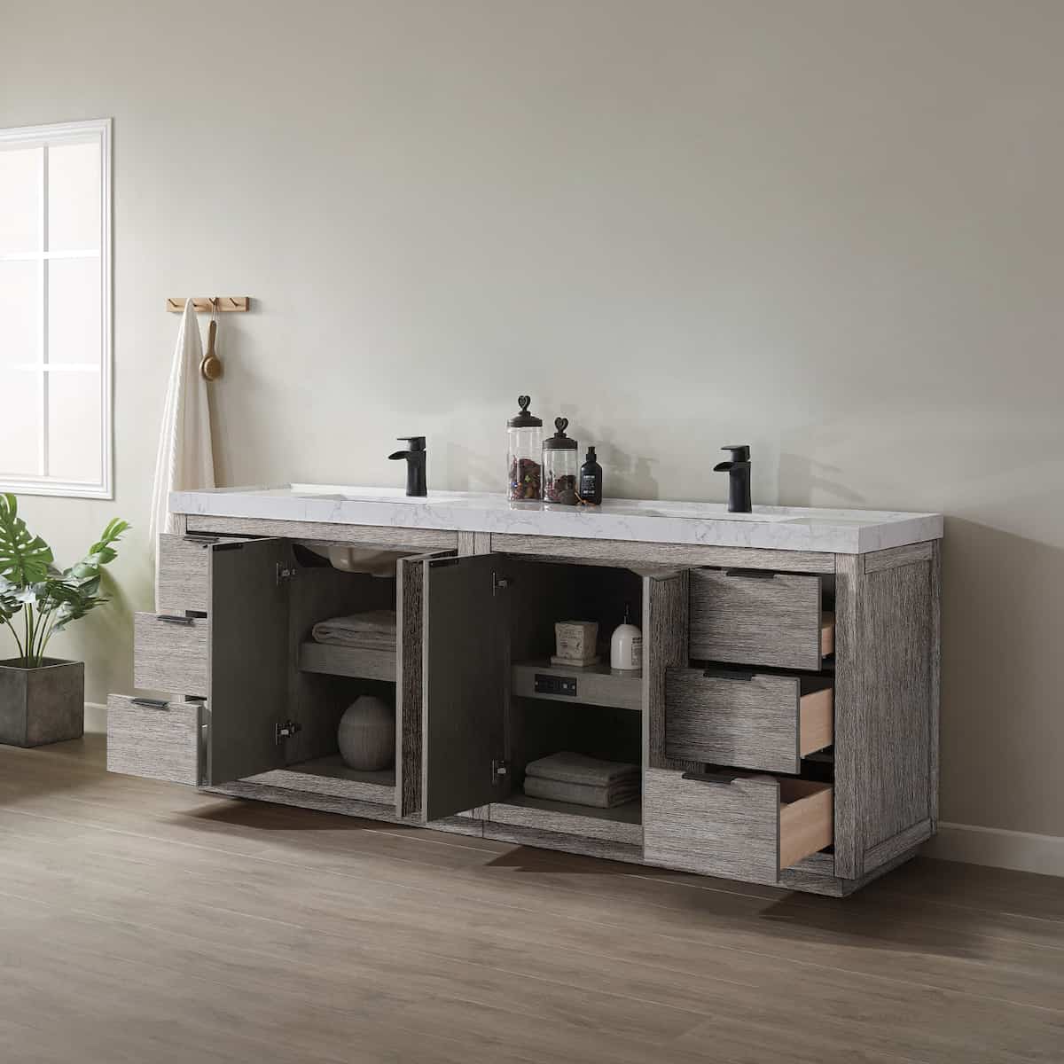 Vinnova Leiza 84 Inch Freestanding Double Vanity in Classical Grey with White Composite Grain Countertop Without Mirrors Inside 701584-CR-GW-NM