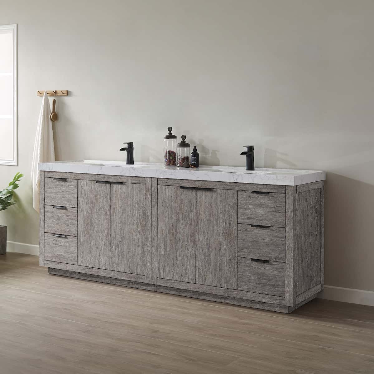 Vinnova Leiza 84 Inch Freestanding Double Vanity in Classical Grey with White Composite Grain Countertop Without Mirrors Side 701584-CR-GW-NM