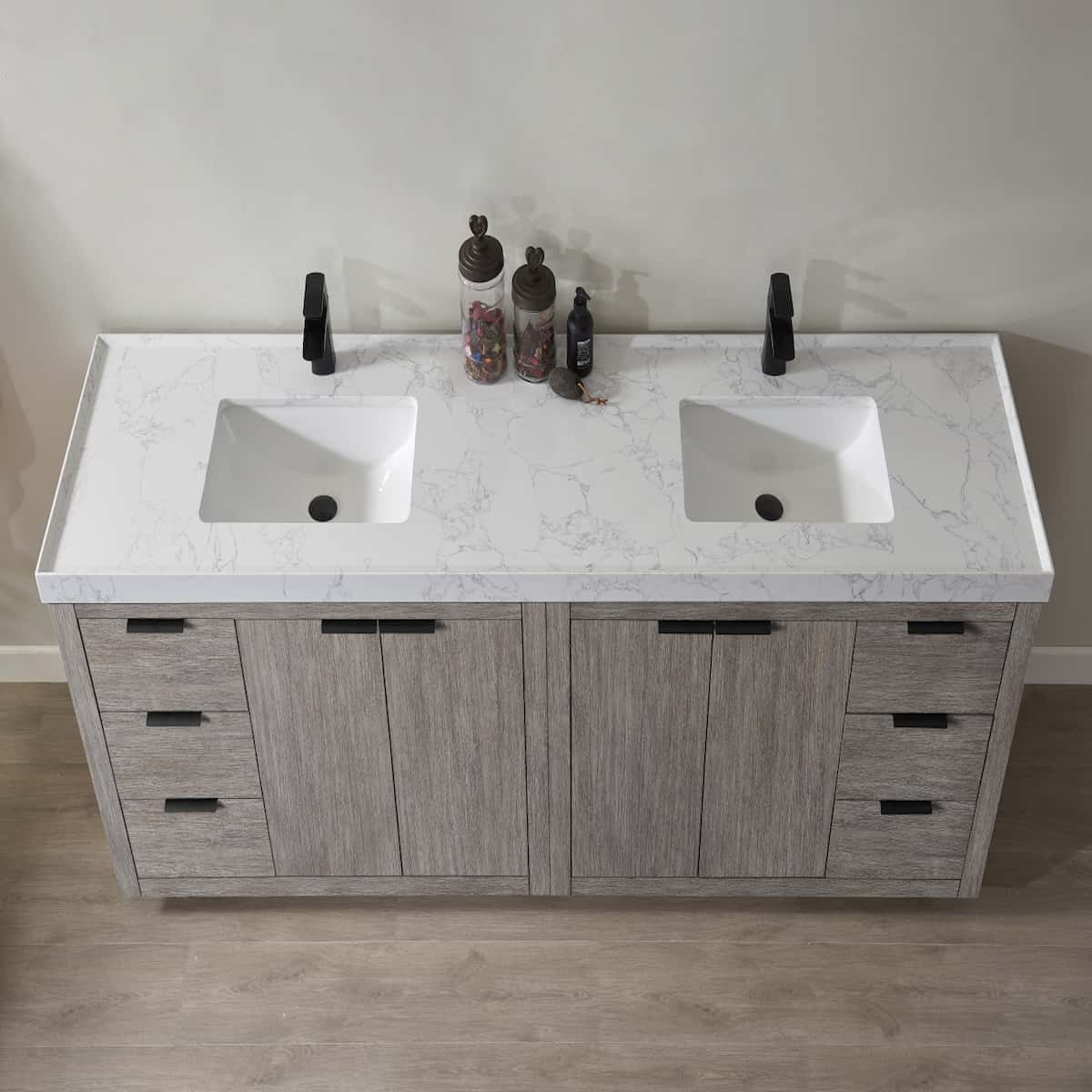 Vinnova Leiza 84 Inch Freestanding Double Vanity in Classical Grey with White Composite Grain Countertop Without Mirrors Sinks 701584-CR-GW-NM