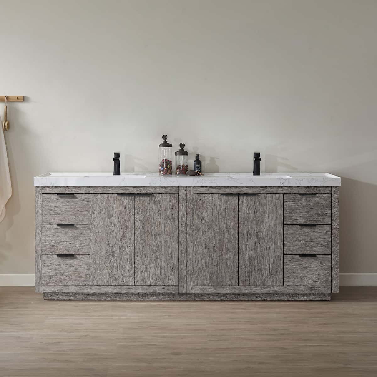 Vinnova Leiza 84 Inch Freestanding Double Vanity in Classical Grey with White Composite Grain Countertop Without Mirrors in Bathroom 701584-CR-GW-NM
