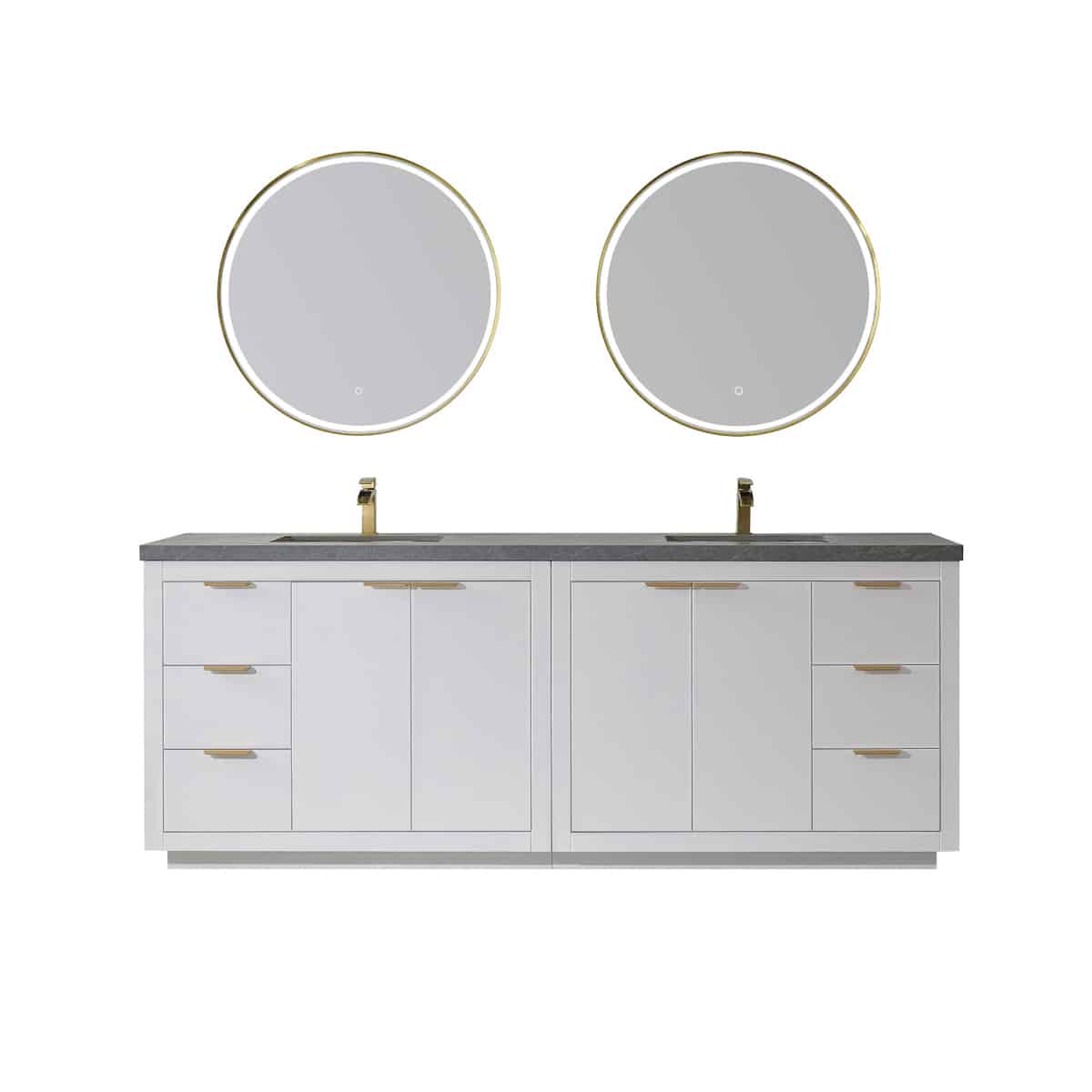 Vinnova Leiza 84 Inch Freestanding Double Vanity in White with Grey Sintered Stone Countertop With Mirror 701584-WH-ALB