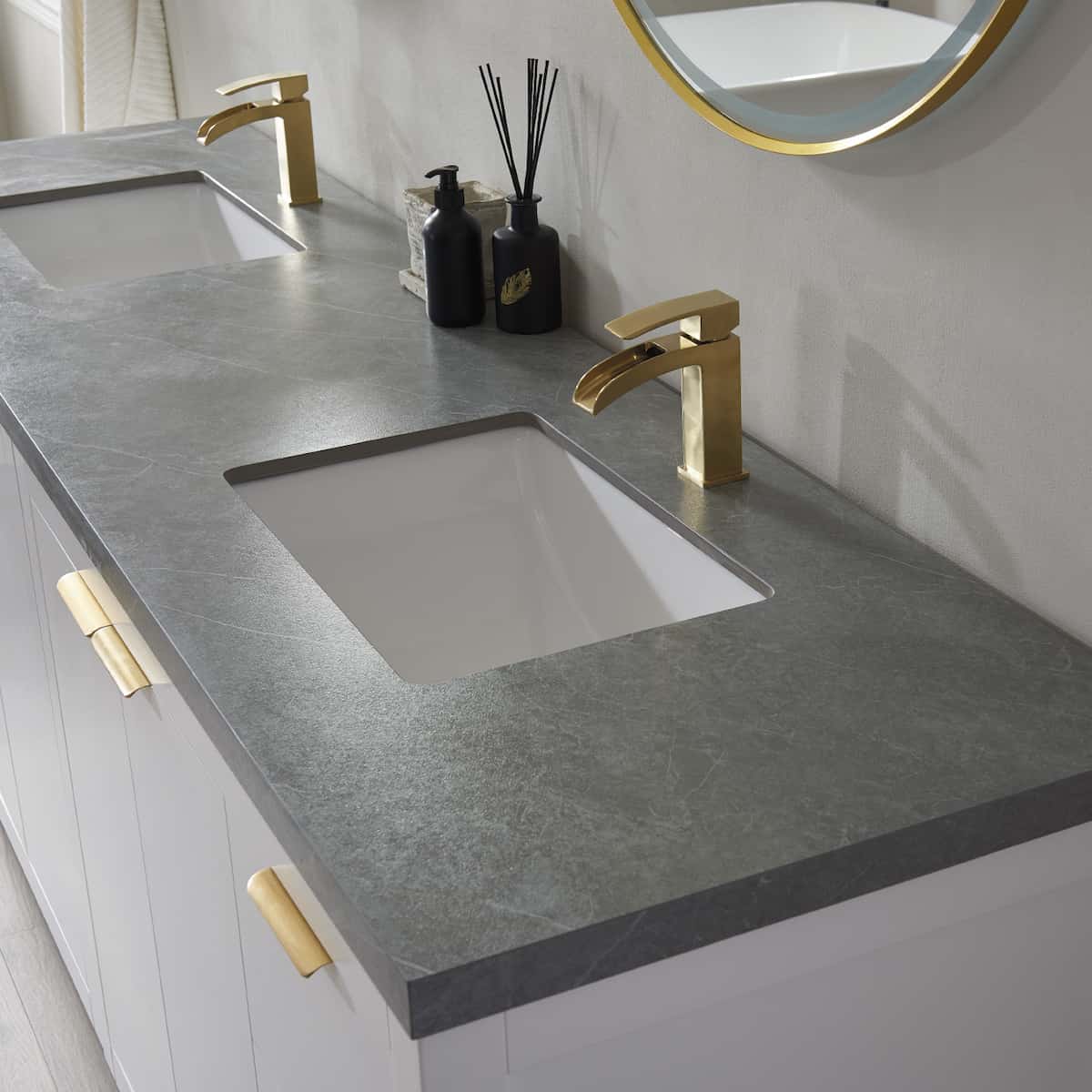Vinnova Leiza 84 Inch Freestanding Double Vanity in White with Grey Sintered Stone Countertop With Mirror Counter Top 701584-WH-ALB