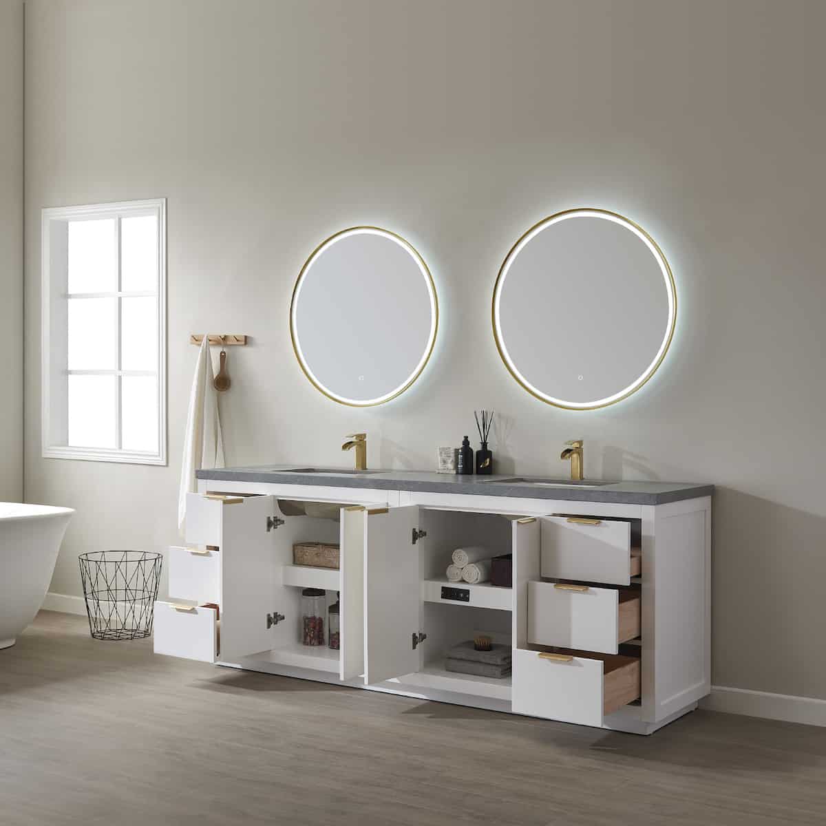 Vinnova Leiza 84 Inch Freestanding Double Vanity in White with Grey Sintered Stone Countertop With Mirror Inside 701584-WH-ALB