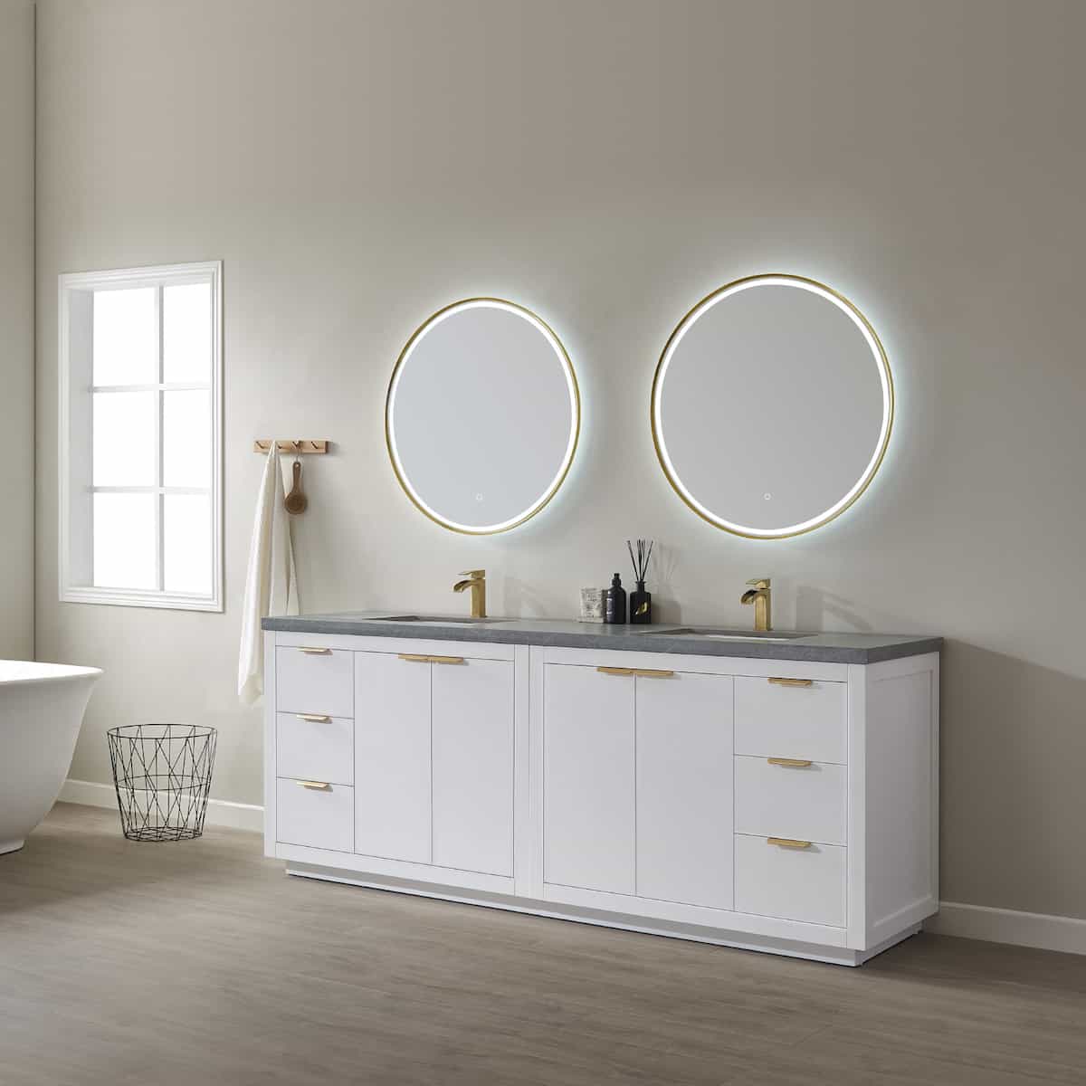 Vinnova Leiza 84 Inch Freestanding Double Vanity in White with Grey Sintered Stone Countertop With Mirror Side 701584-WH-ALB