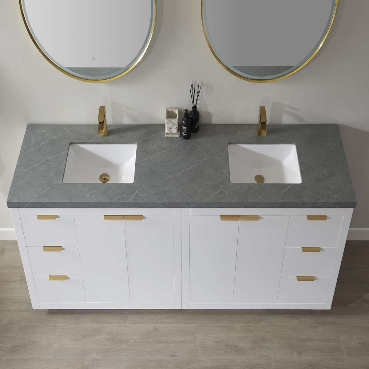 Vinnova Leiza 84 Inch Freestanding Double Vanity in White with Grey Sintered Stone Countertop With Mirror Sinks 701584-WH-ALB