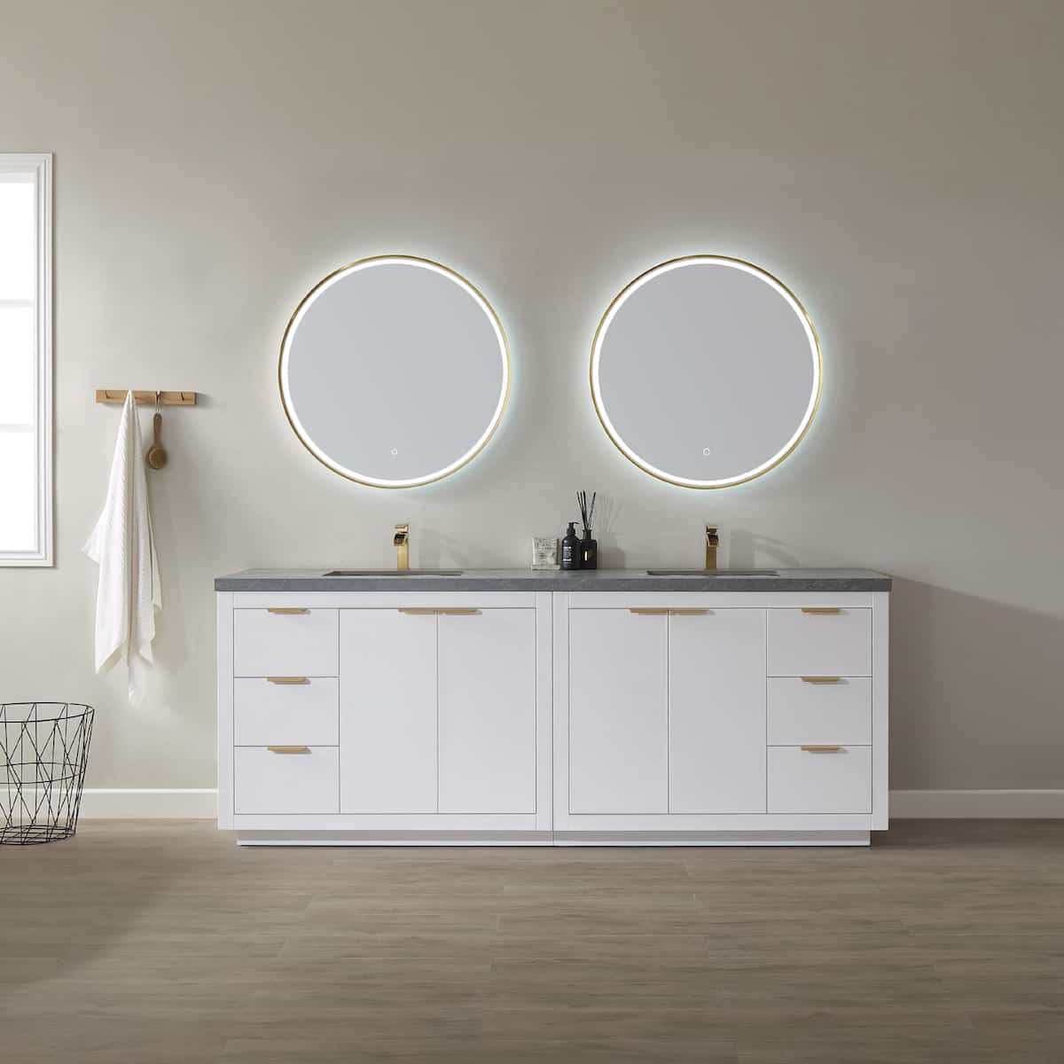 Vinnova Leiza 84 Inch Freestanding Double Vanity in White with Grey Sintered Stone Countertop With Mirror in Bathroom 701584-WH-ALB