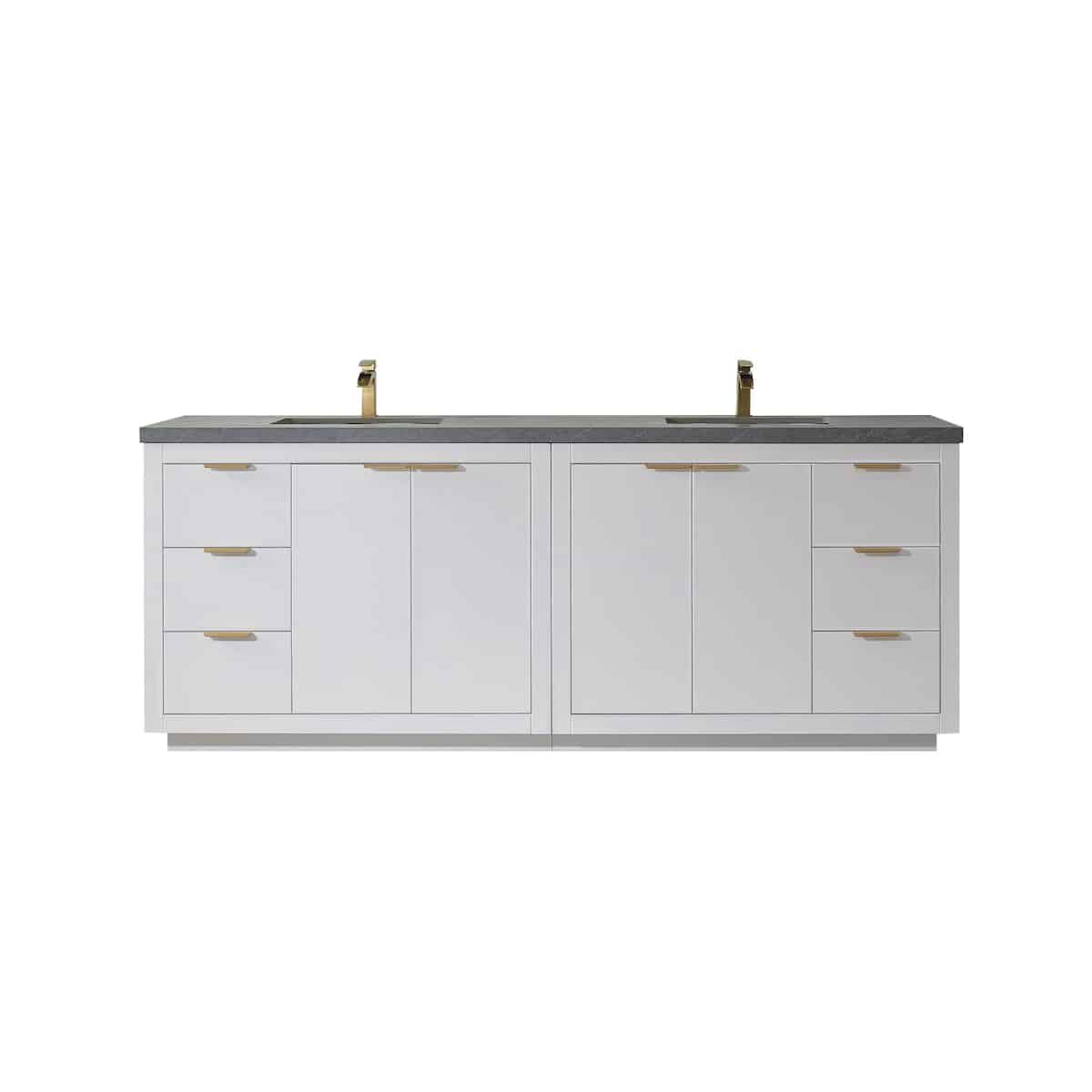 Vinnova Leiza 84 Inch Freestanding Double Vanity in White with Grey Sintered Stone Countertop Without Mirror 701584-WH-ALB-NM