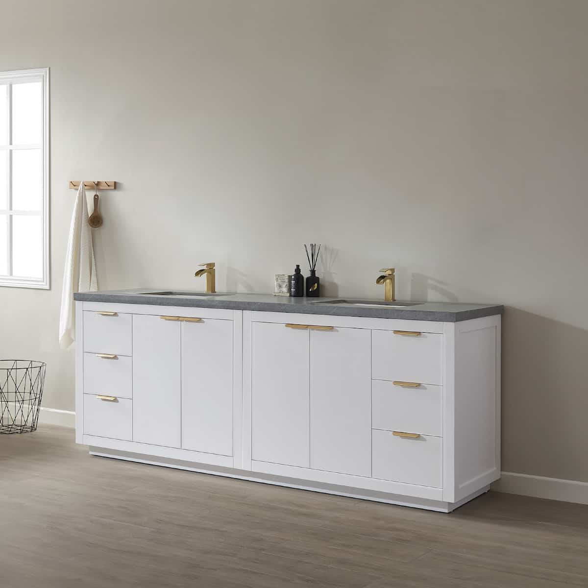 Vinnova Leiza 84 Inch Freestanding Double Vanity in White with Grey Sintered Stone Countertop Without Mirror Side 701584-WH-ALB-NM