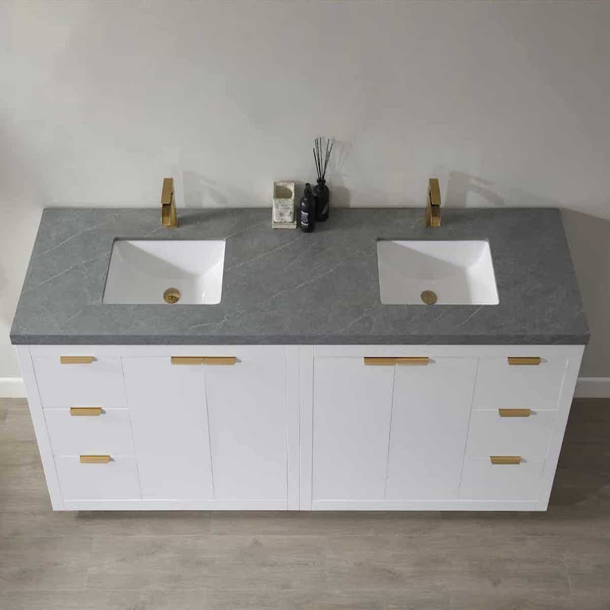 Vinnova Leiza 84 Inch Freestanding Double Vanity in White with Grey Sintered Stone Countertop Without Mirror Sinks 701584-WH-ALB-NM