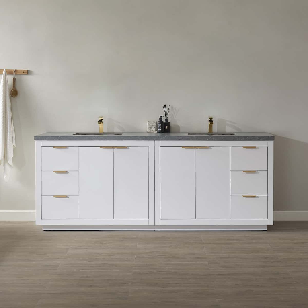 Vinnova Leiza 84 Inch Freestanding Double Vanity in White with Grey Sintered Stone Countertop Without Mirror in Bathroom 701584-WH-ALB-NM