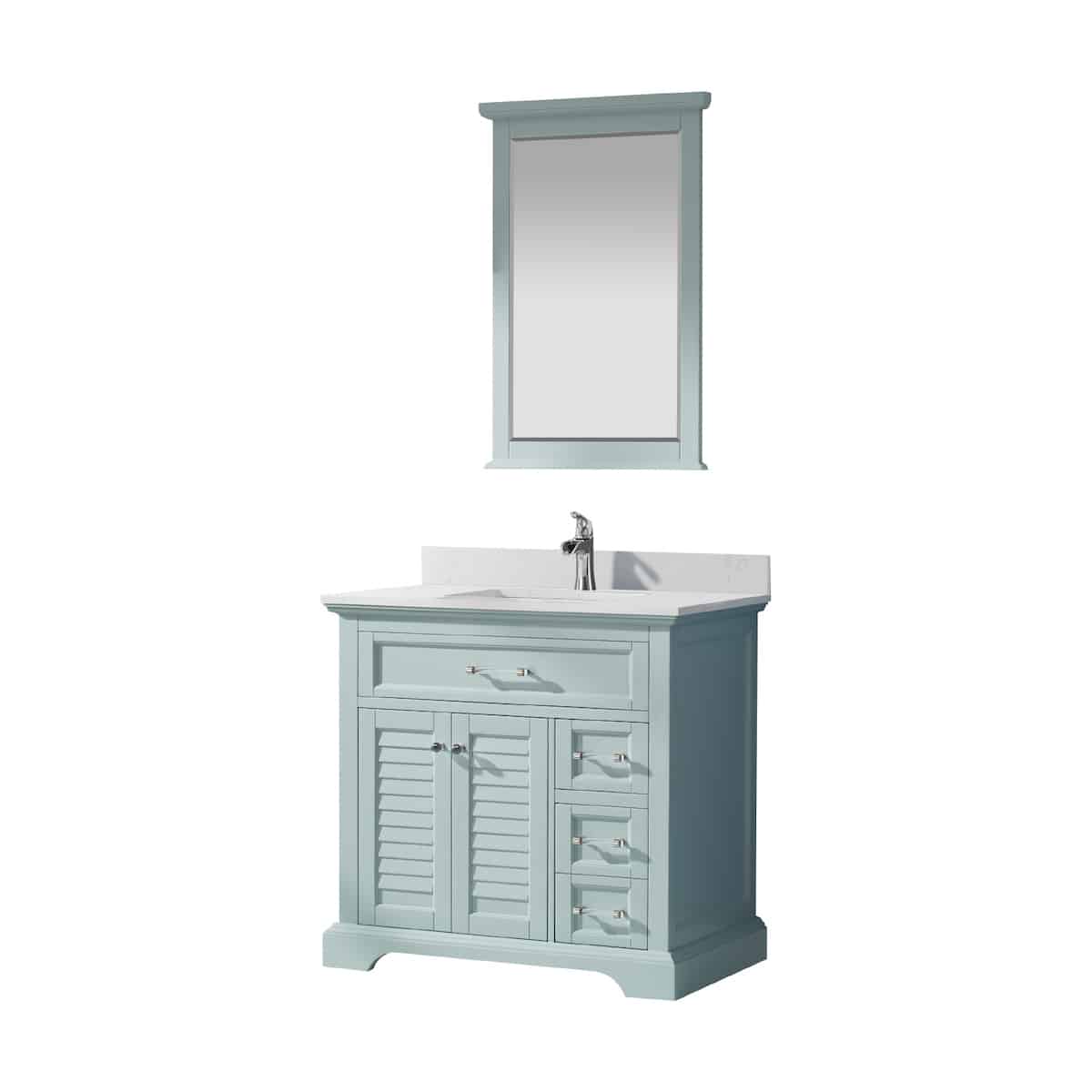 Vinnova Lorna 36 Inch Finnish Green Freestanding Single Vanity with Composite Carrara White Stone Countertop With Mirror Side 783036-FG-WS
