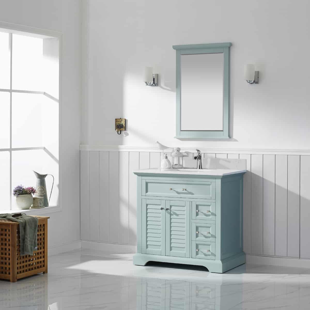 Vinnova Lorna 36 Inch Finnish Green Freestanding Single Vanity with Composite Carrara White Stone Countertop With Mirror Side 783036-FG-WS