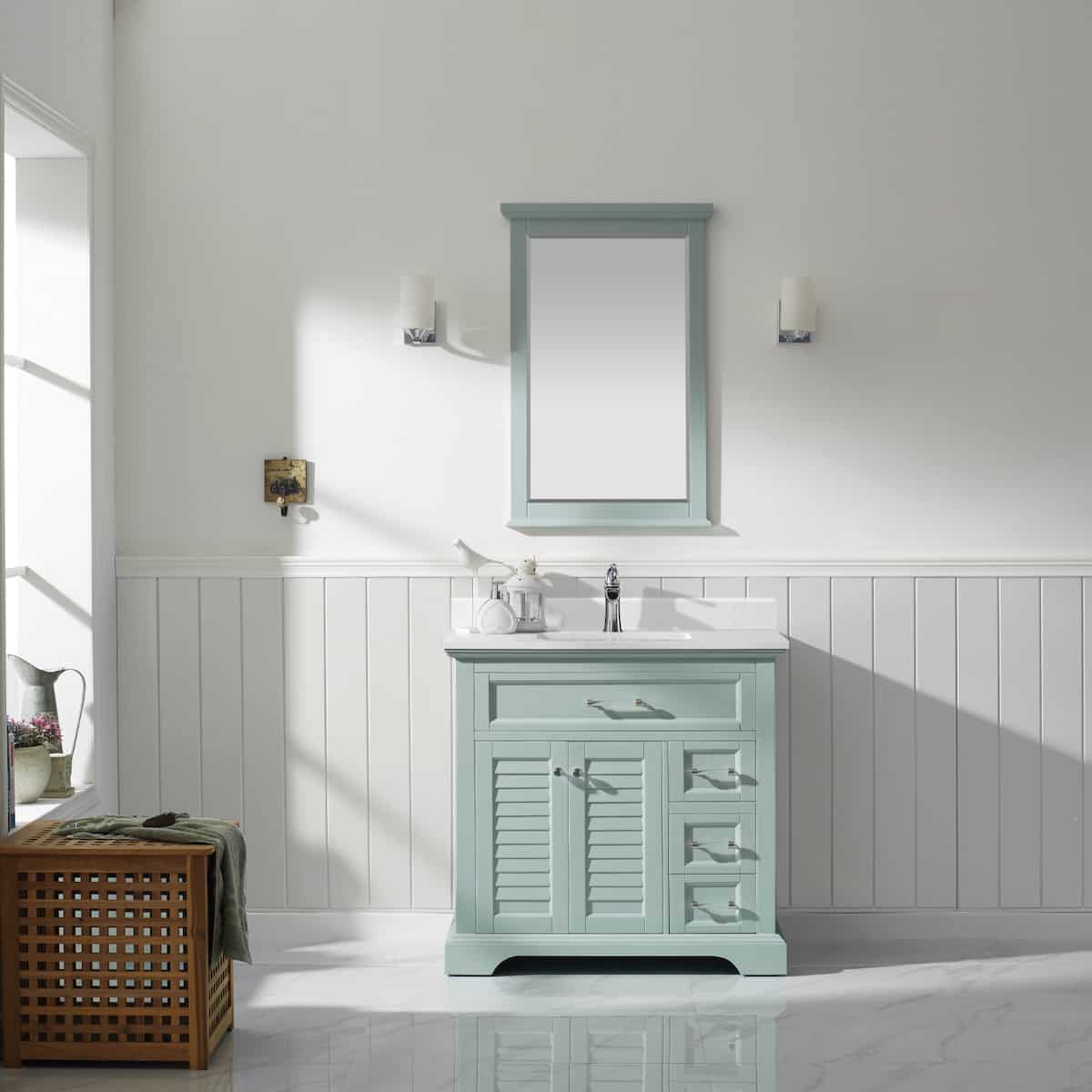 Vinnova Lorna 36 Inch Finnish Green Freestanding Single Vanity with Composite Carrara White Stone Countertop With Mirror in Bathroom 783036-FG-WS