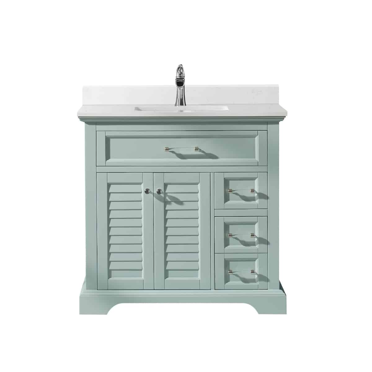 Vinnova Lorna 36 Inch Finnish Green Freestanding Single Vanity with Composite Carrara White Stone Countertop Without Mirror 783036-FG-WS-NM
