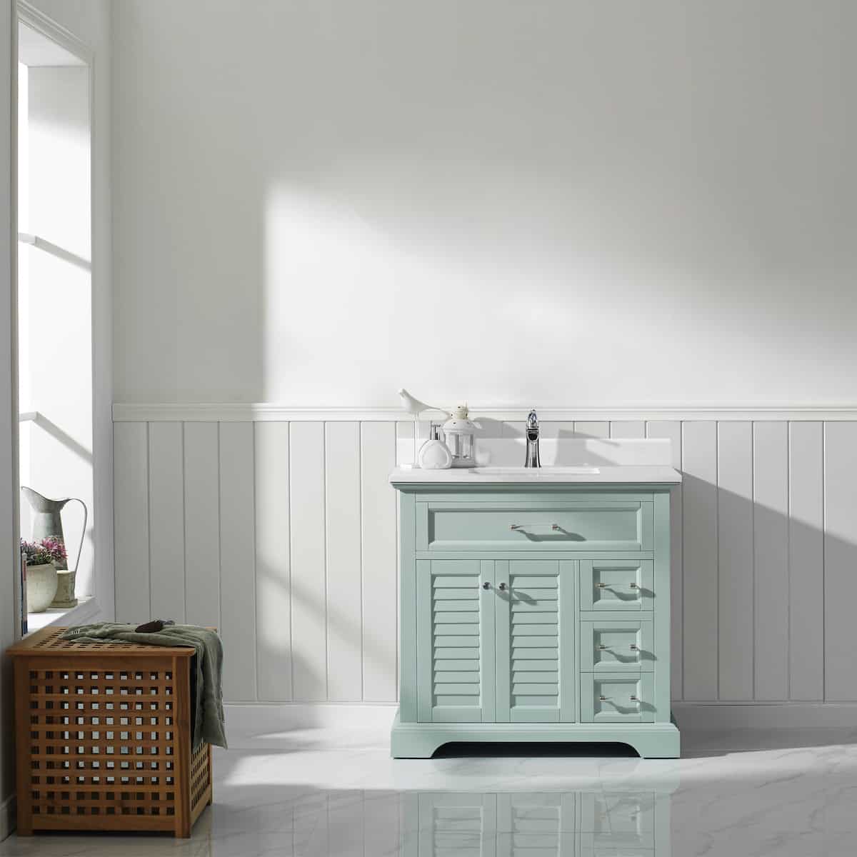 Vinnova Lorna 36 Inch Finnish Green Freestanding Single Vanity with Composite Carrara White Stone Countertop Without Mirror in Bathroom 783036-FG-WS-NM