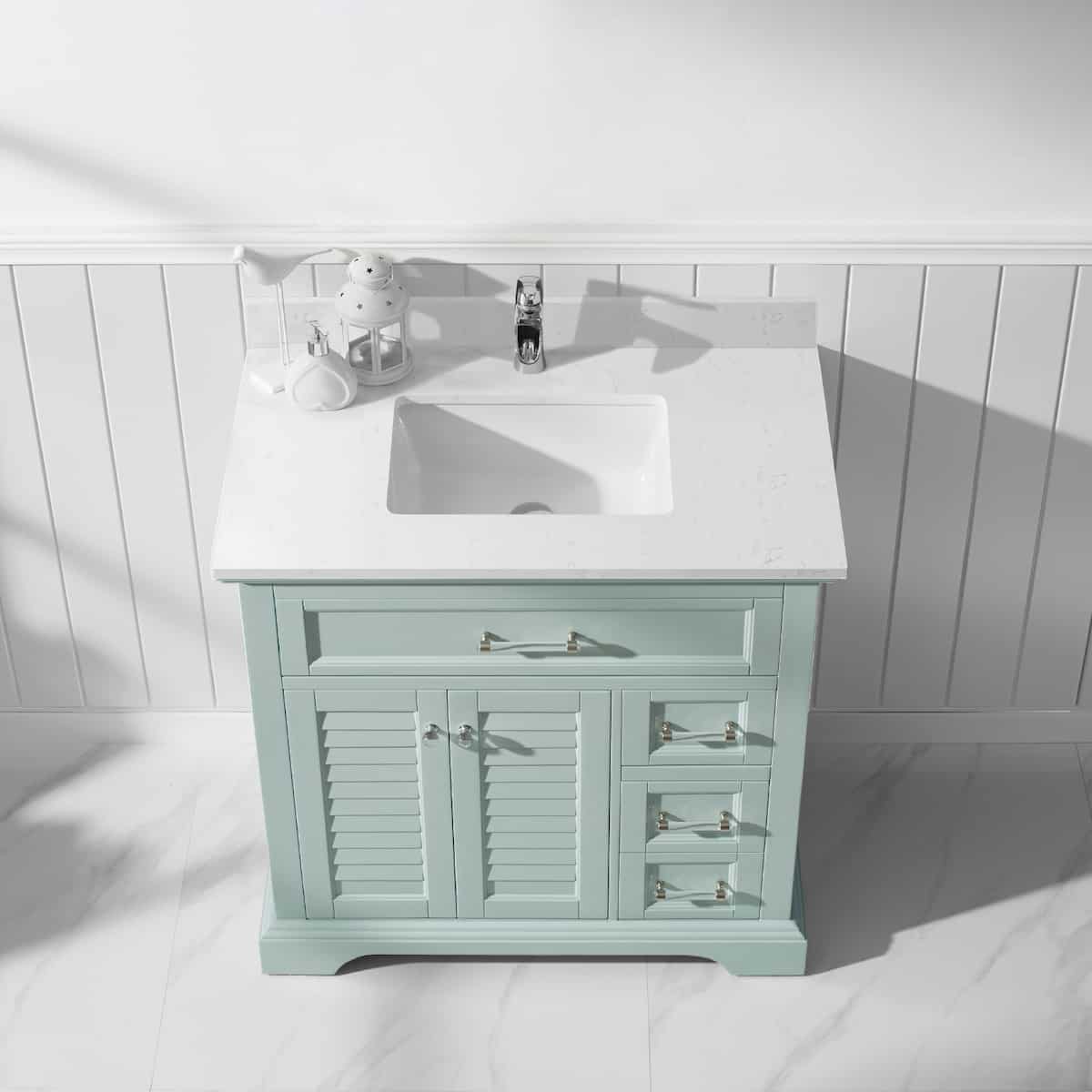 Vinnova Lorna 36 Inch Finnish Green Freestanding Single Vanity with Composite Carrara White Stone Countertop Without Mirror Countertop 783036-FG-WS-NM
