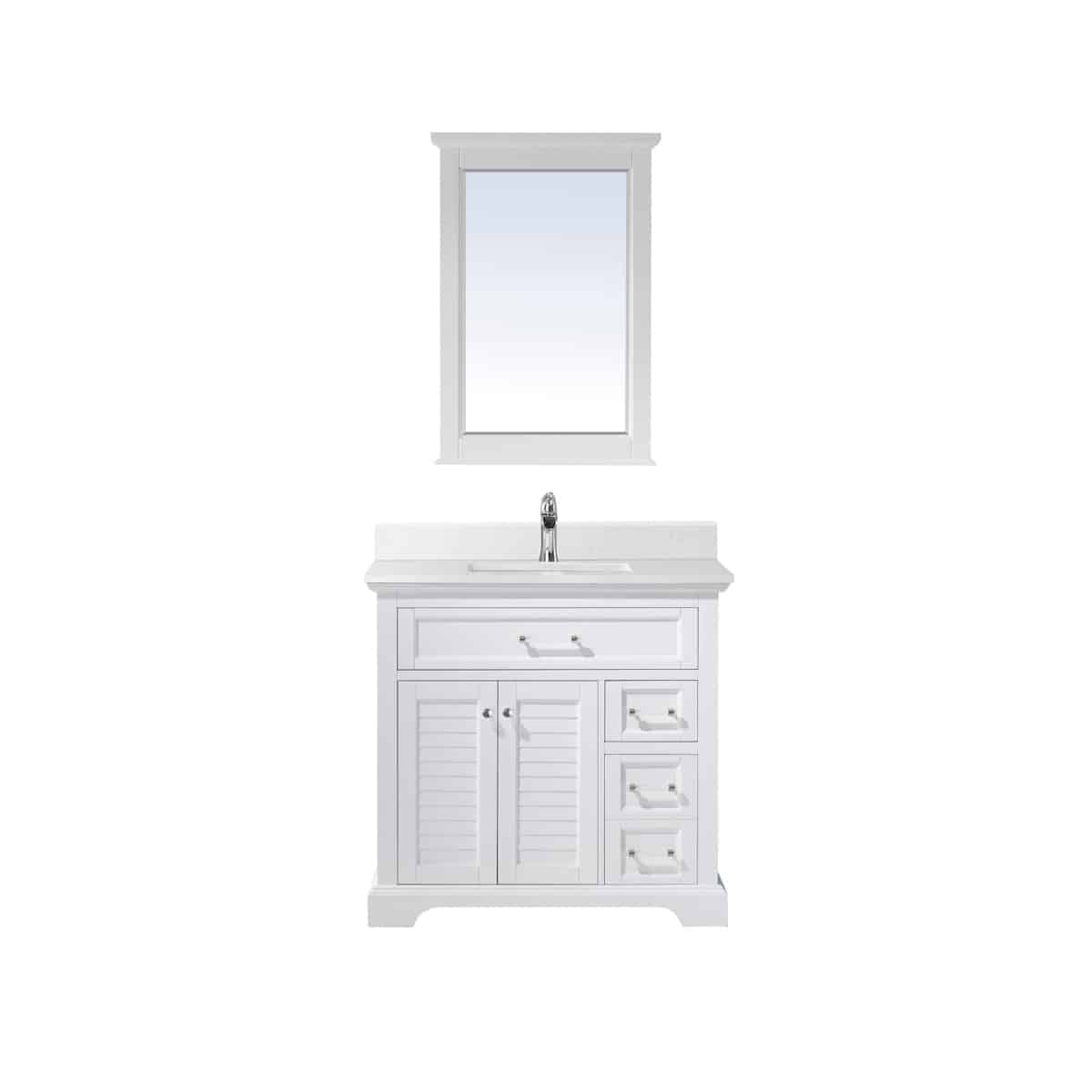 Vinnova Lorna 36 Inch White Freestanding Single Vanity with Composite Carrara White Stone Countertop With Mirror 783036-WH-WS