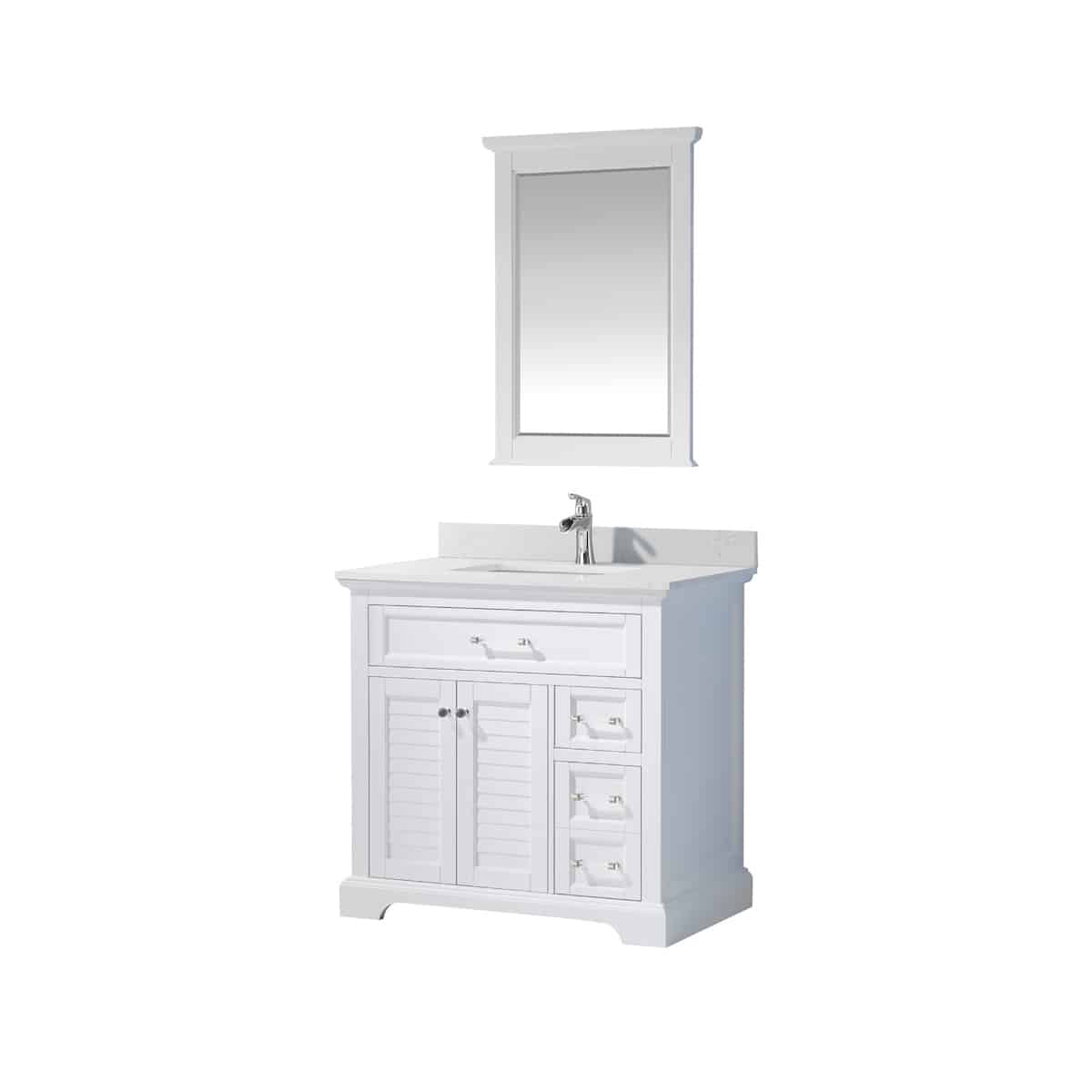 Vinnova Lorna 36 Inch White Freestanding Single Vanity with Composite Carrara White Stone Countertop With Mirror Side 783036-WH-WS