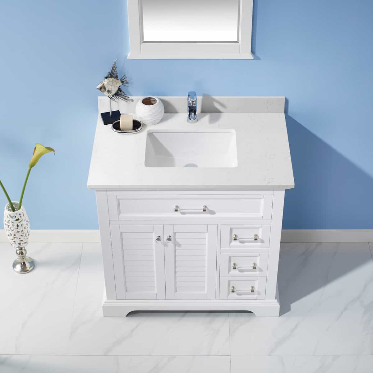 Vinnova Lorna 36 Inch White Freestanding Single Vanity with Composite Carrara White Stone Countertop With Mirror Top 783036-WH-WS