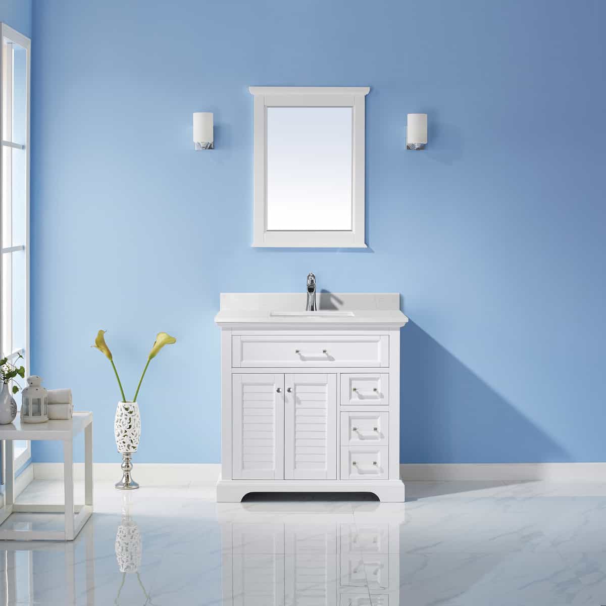 Vinnova Lorna 36 Inch White Freestanding Single Vanity with Composite Carrara White Stone Countertop With Mirror in Bathroom 783036-WH-WS
